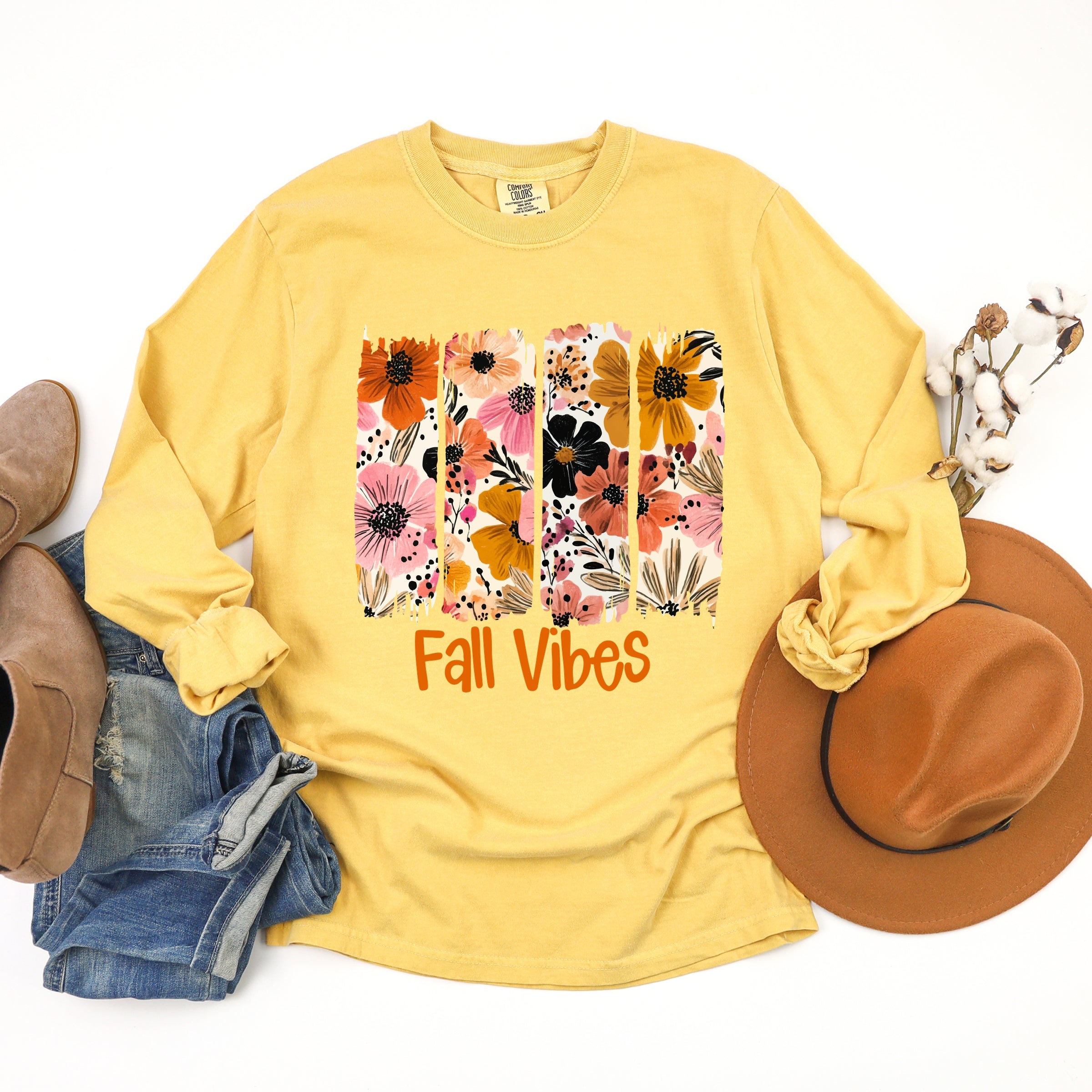 Fall Vibes Floral - Women's Garment Dyed Long Sleeve Graphic T-Shirt