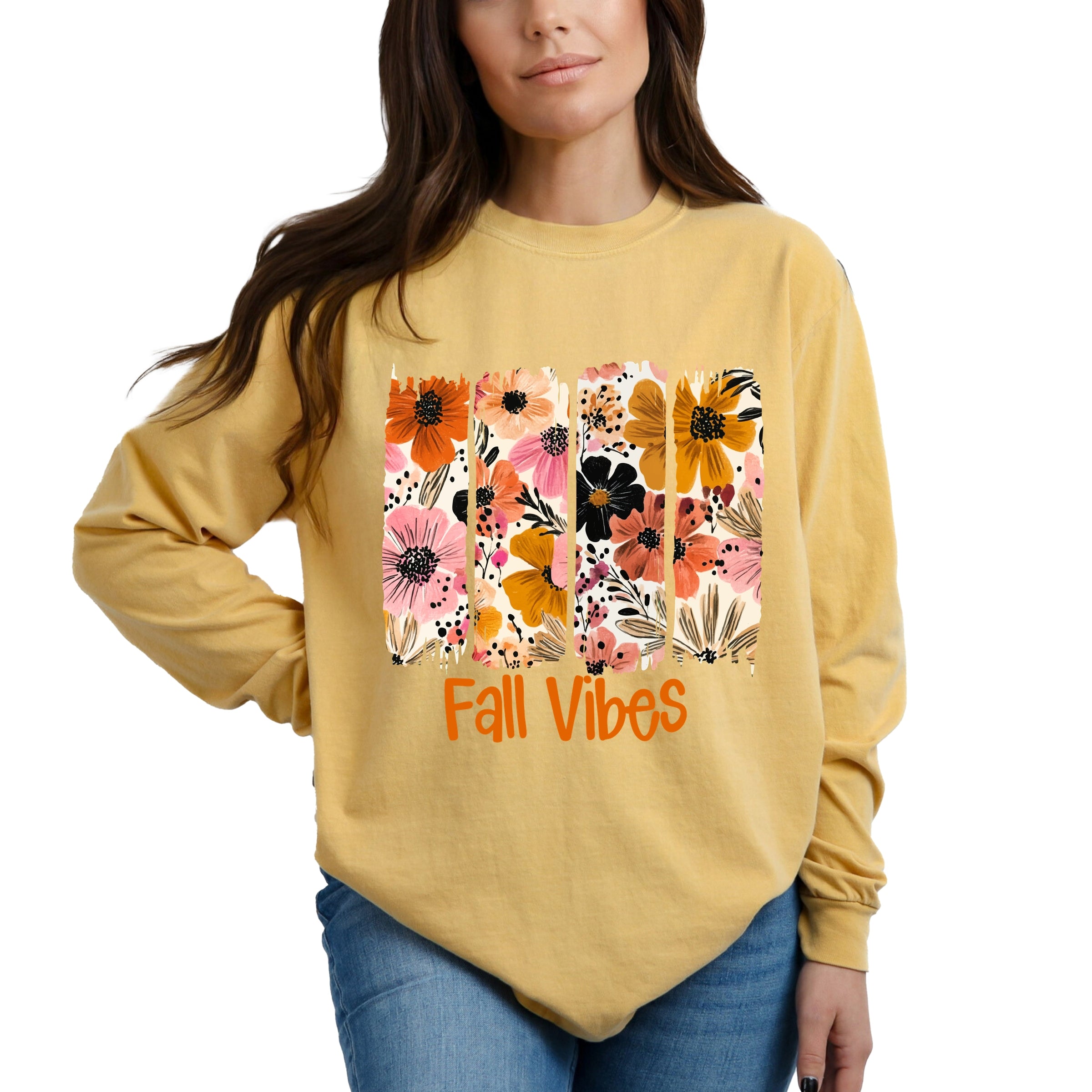 Fall Vibes Floral - Women's Garment Dyed Long Sleeve Graphic T-Shirt