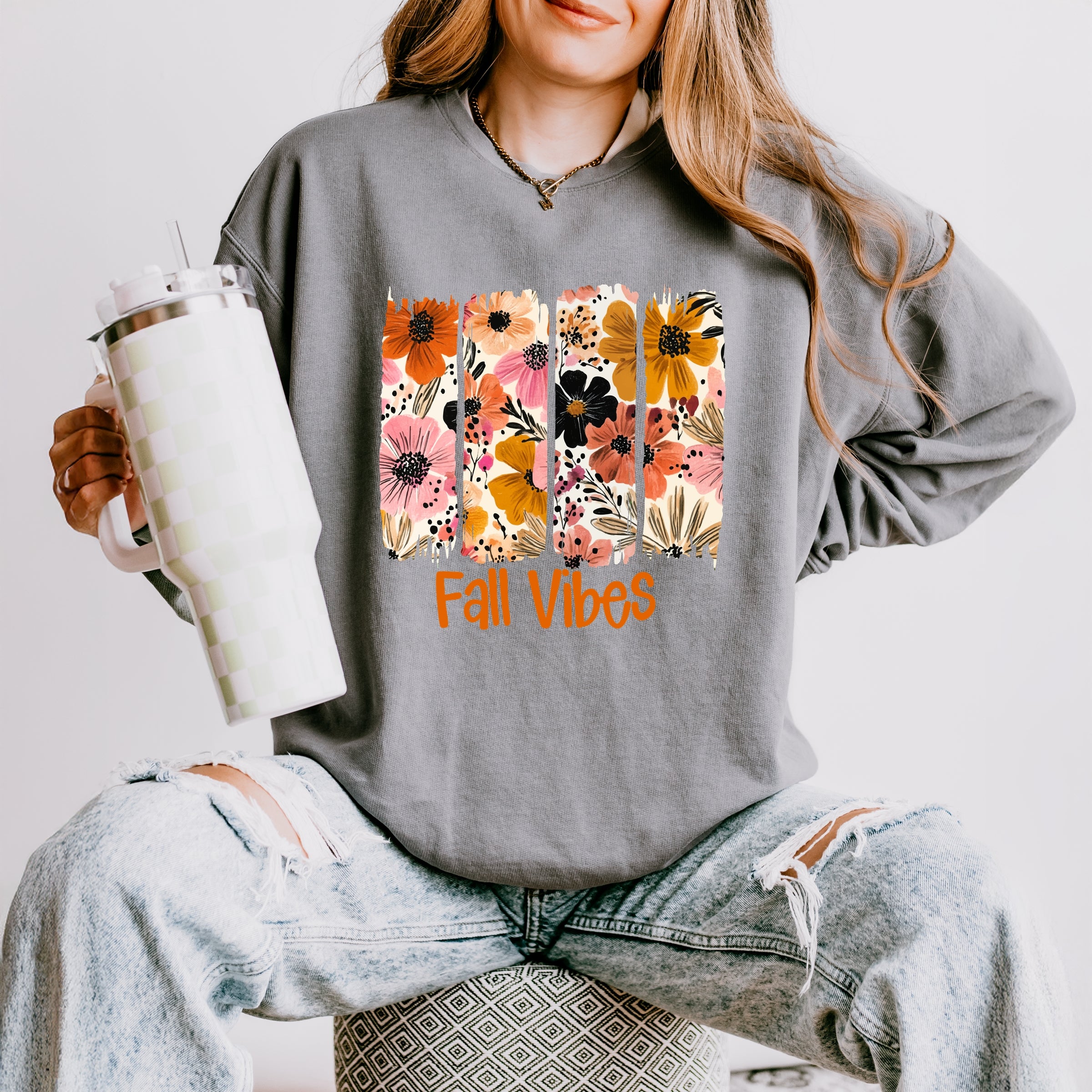 Fall Vibes Floral - Women's Lightweight Garment Dyed Sweatshirt