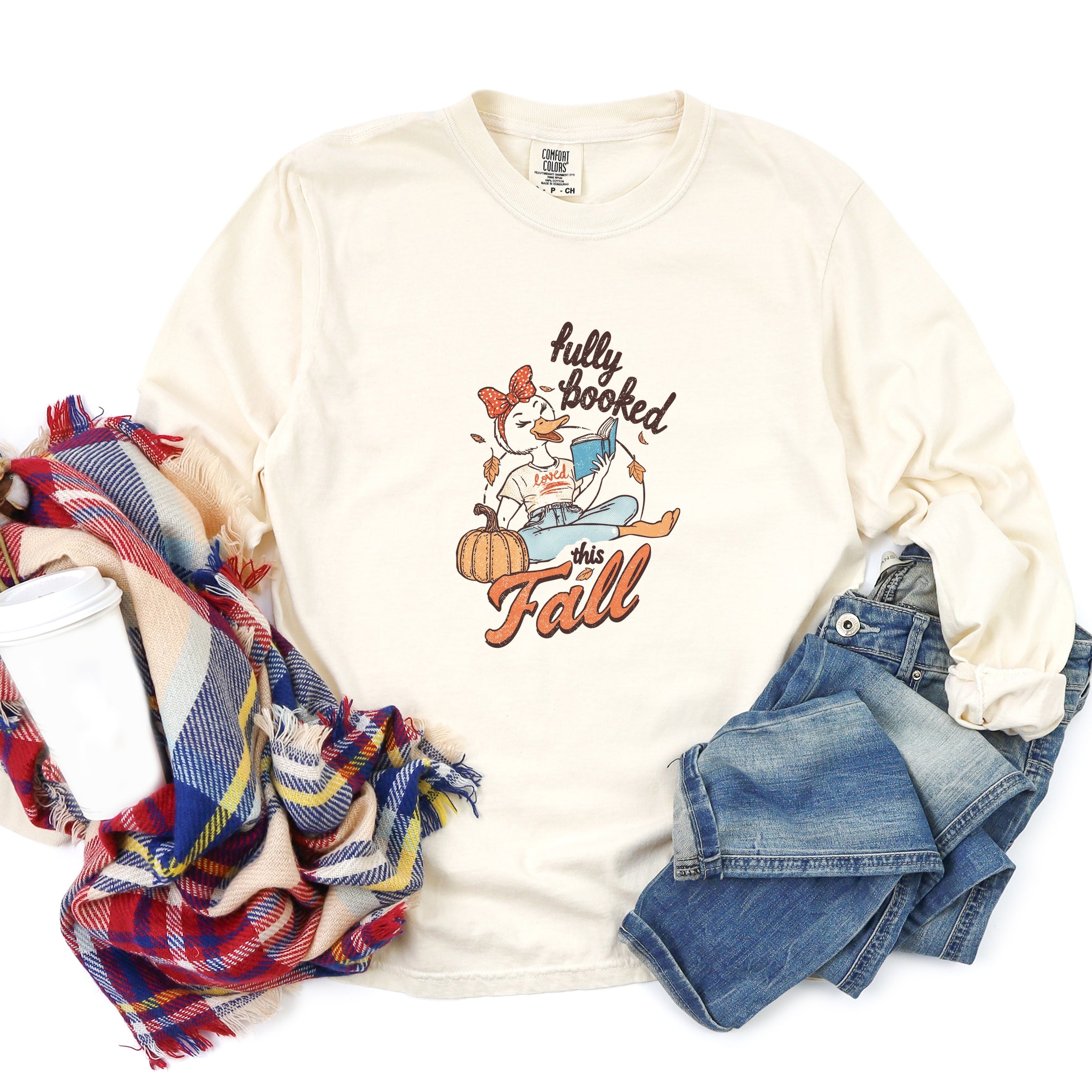 Fully Booked This Fall - Women's Garment Dyed Long Sleeve Graphic T-Shirt