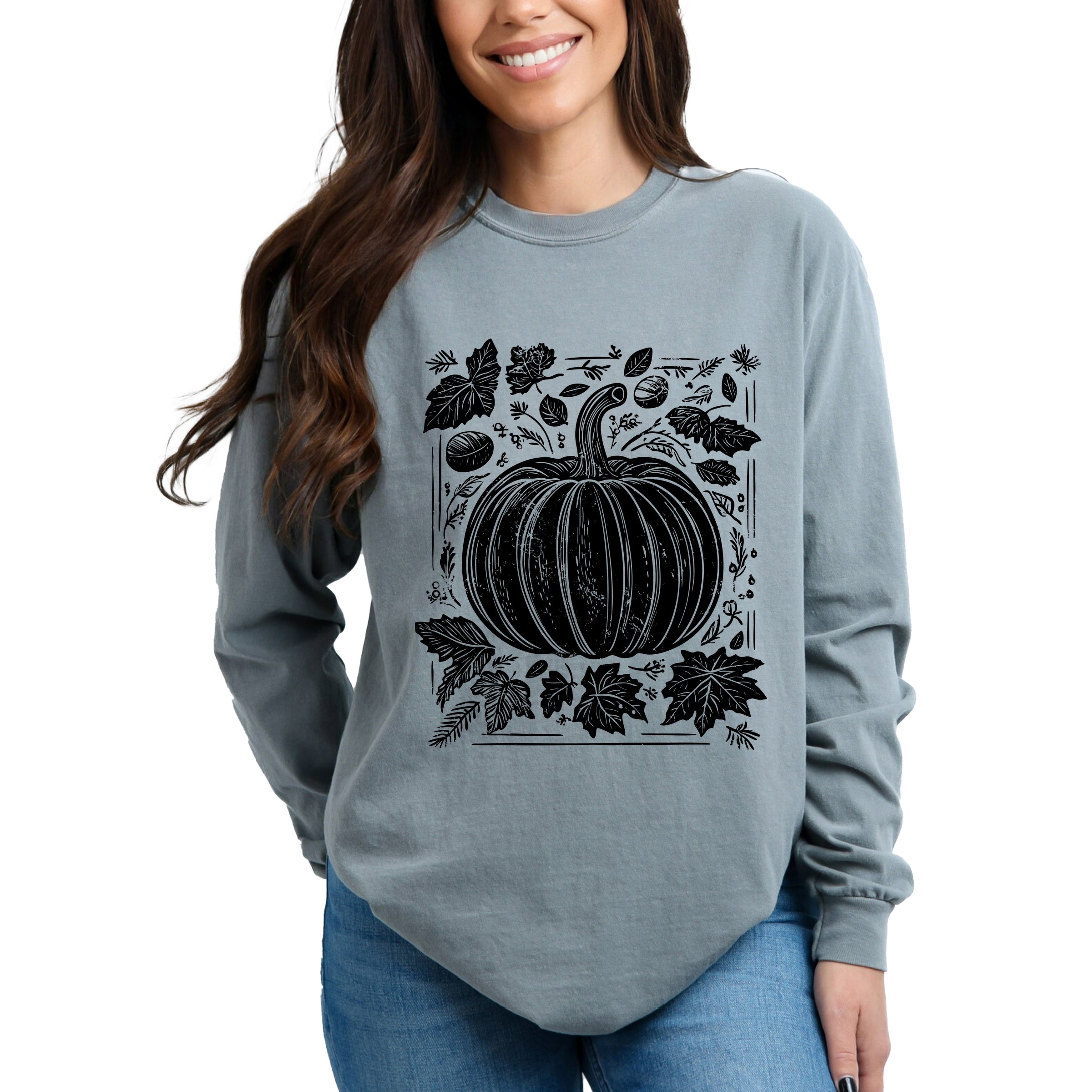 Pumpkin With Leaves Distressed - Women's Garment Dyed Long Sleeve Graphic T-Shirt