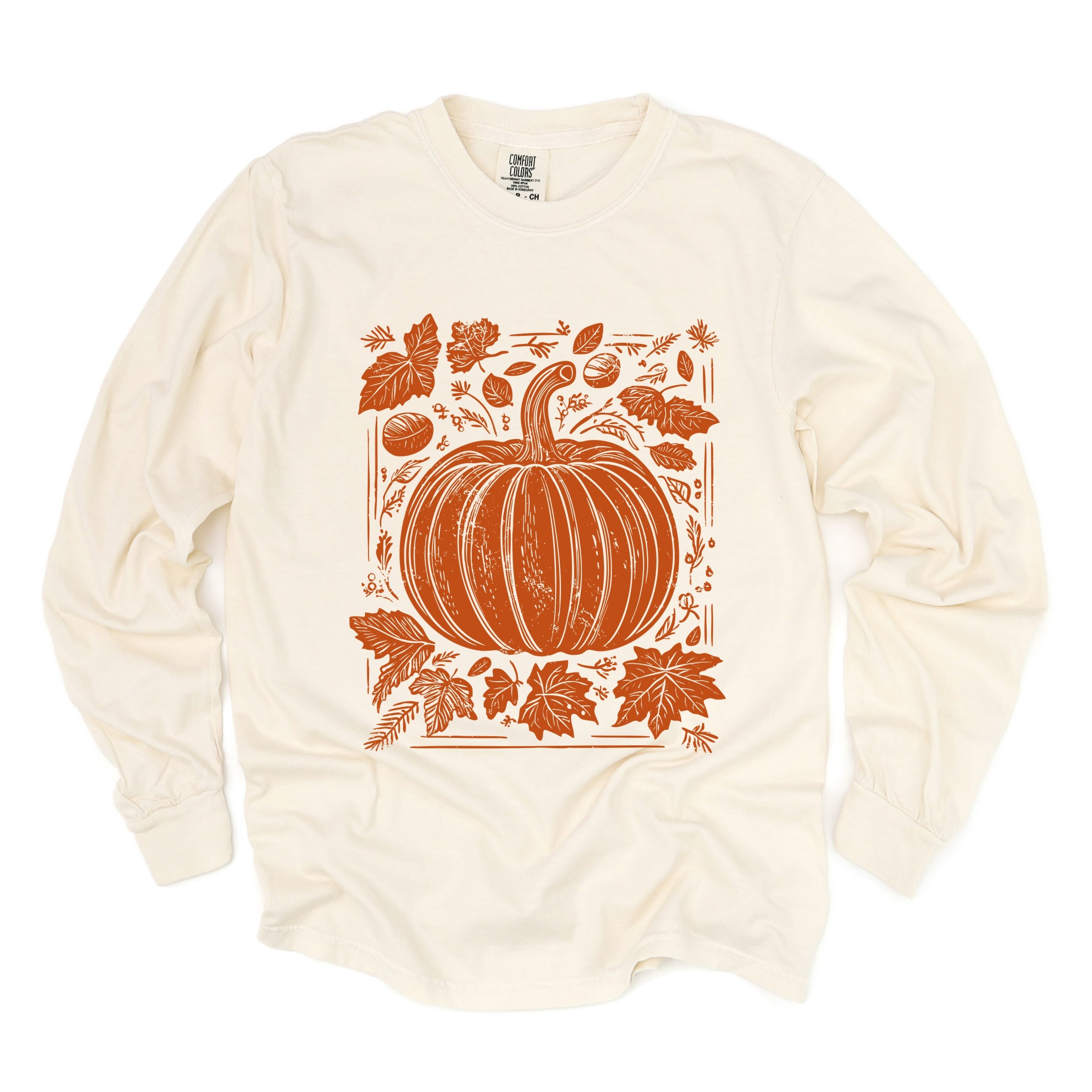 Pumpkin With Leaves Distressed - Women's Garment Dyed Long Sleeve Graphic T-Shirt