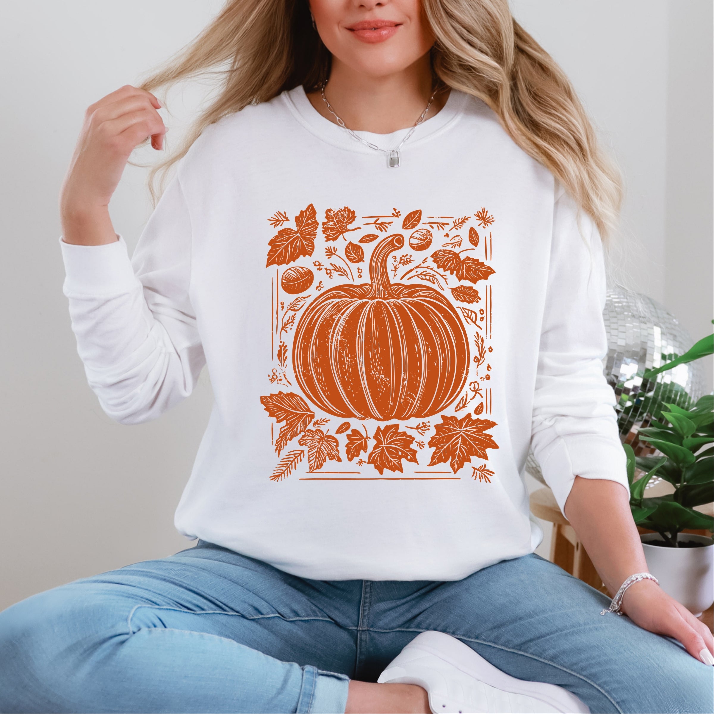 Pumpkin With Leaves Distressed - Women's Garment Dyed Long Sleeve Graphic T-Shirt