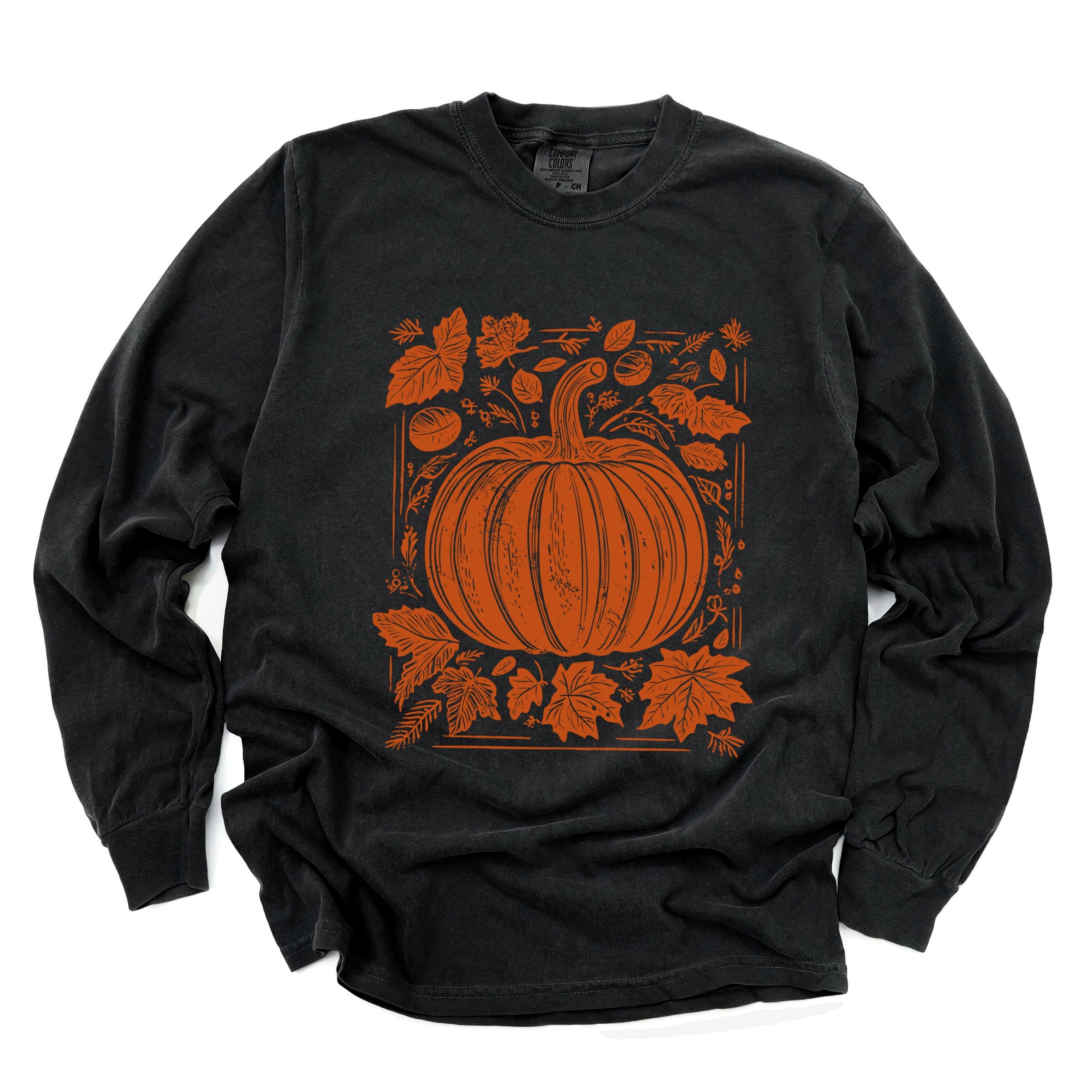Pumpkin With Leaves Distressed - Women's Garment Dyed Long Sleeve Graphic T-Shirt