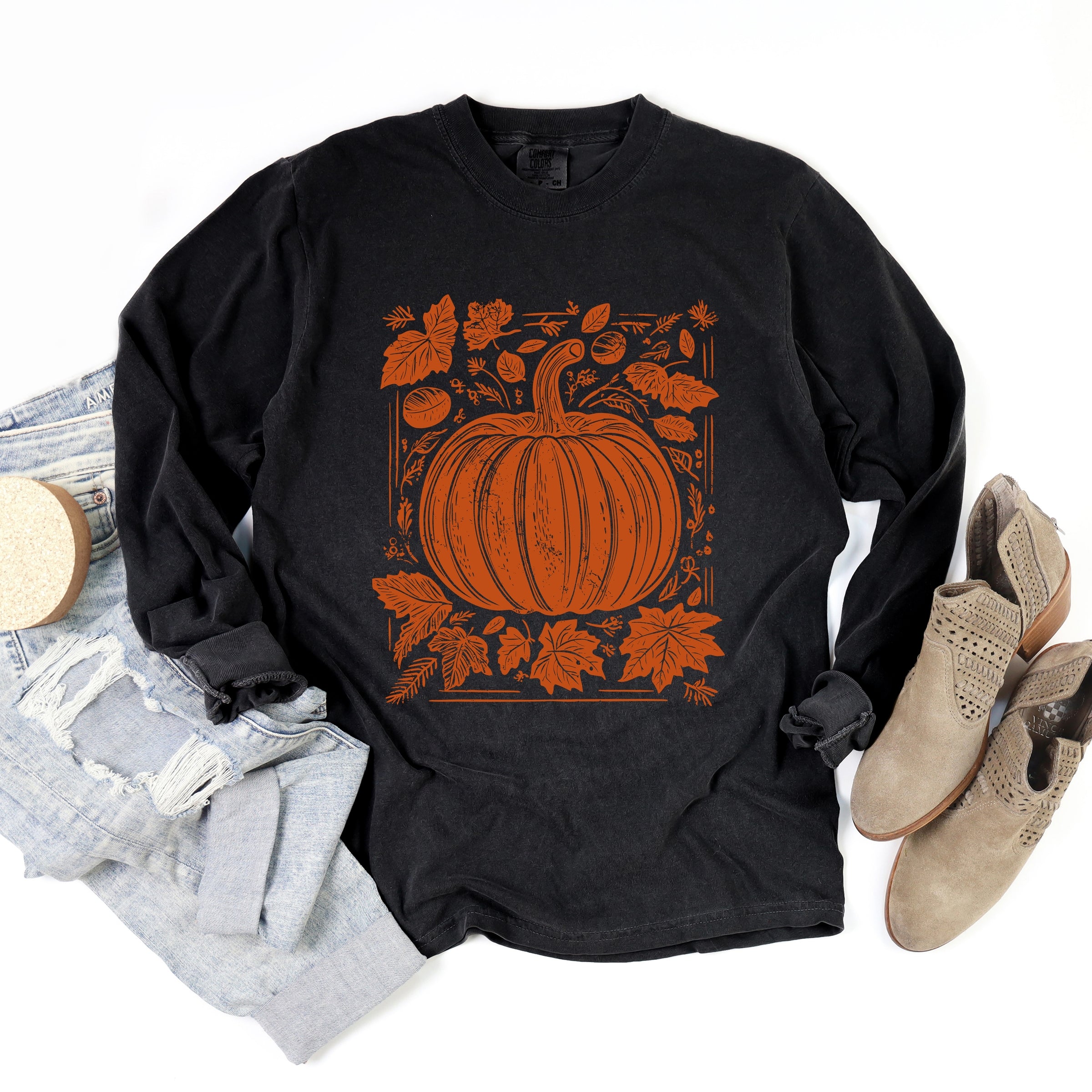Pumpkin With Leaves Distressed - Women's Garment Dyed Long Sleeve Graphic T-Shirt