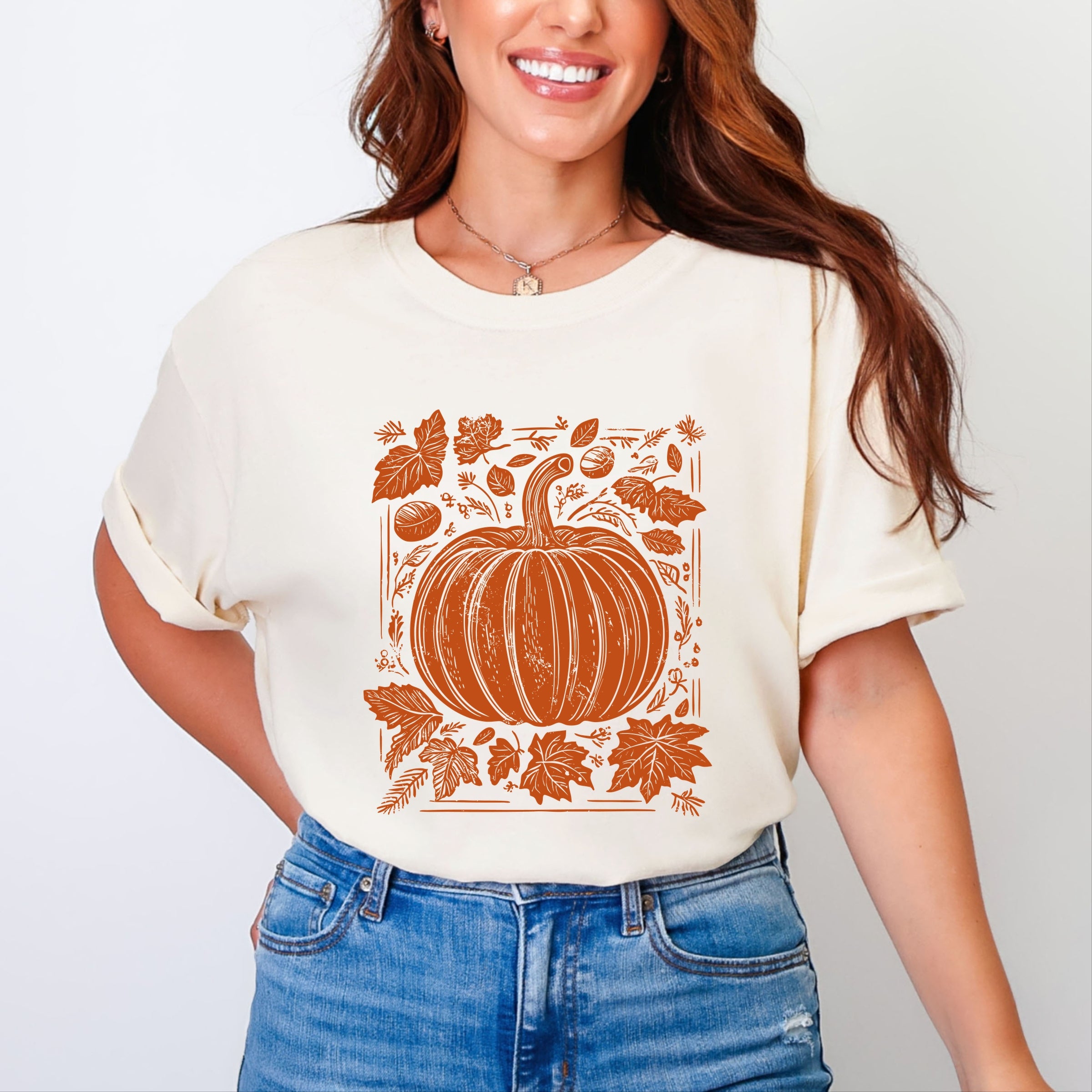 Pumpkin With Leaves Distressed - Women's Garment Dyed Graphic T-Shirt