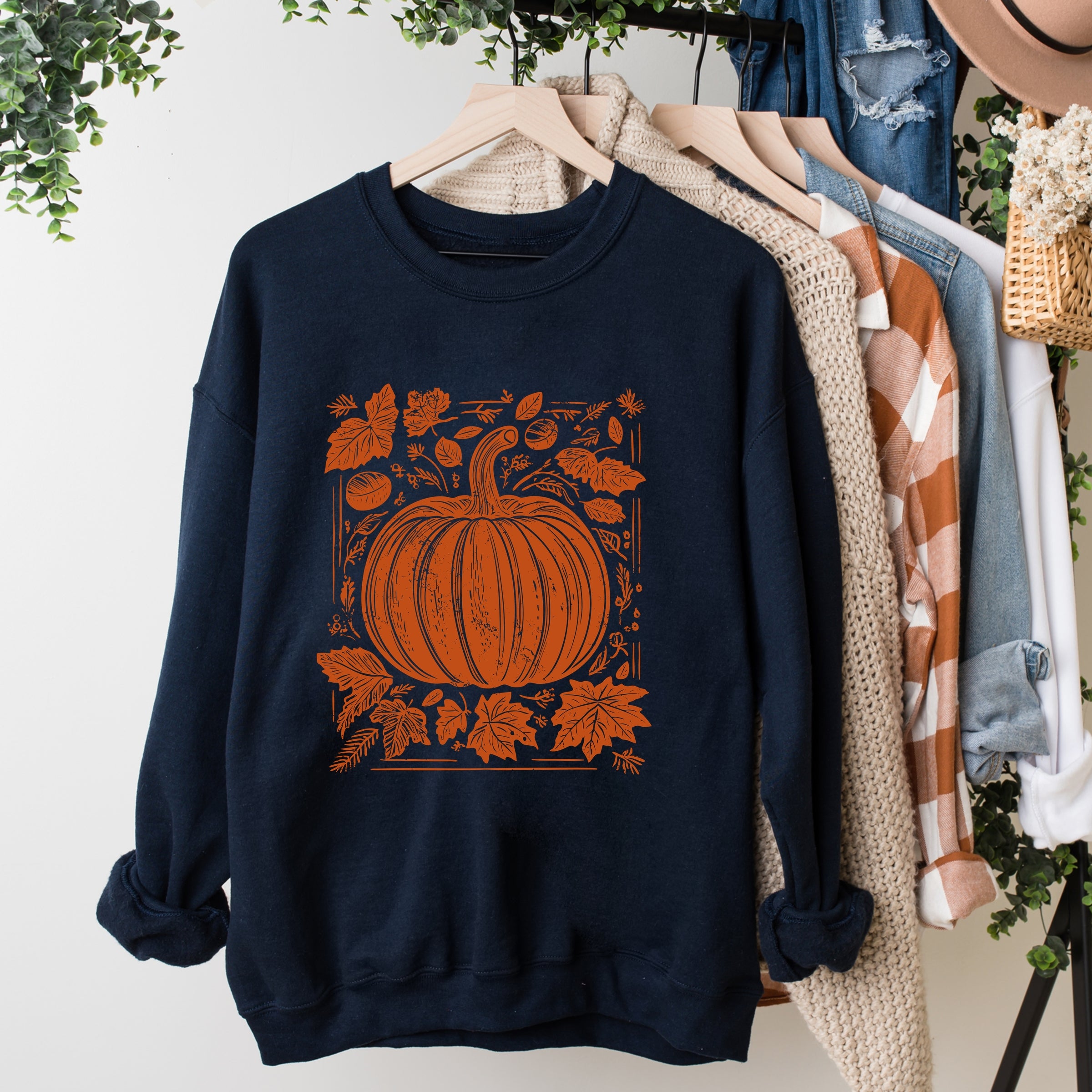 Pumpkin With Leaves Distressed - Women's Graphic Sweatshirt