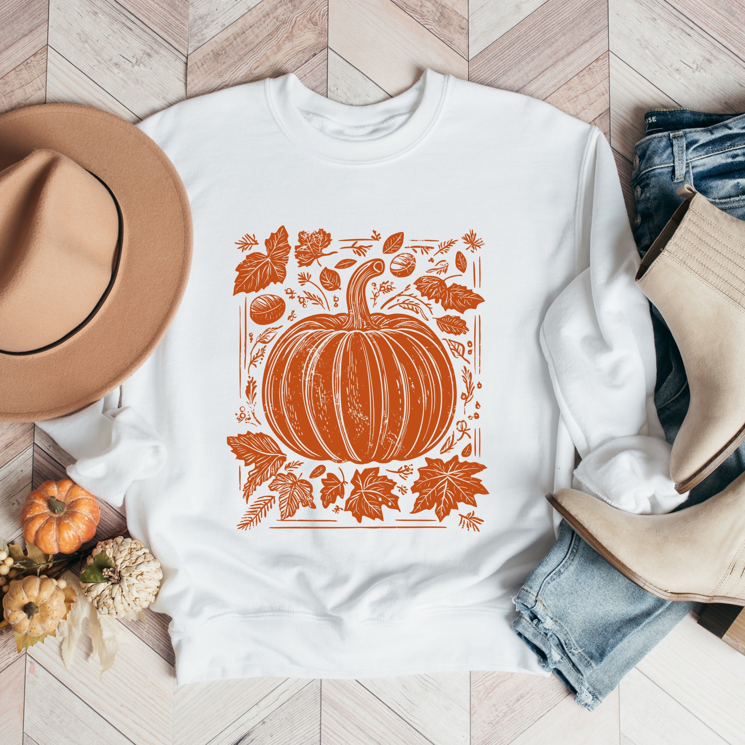 Pumpkin With Leaves Distressed - Women's Graphic Sweatshirt