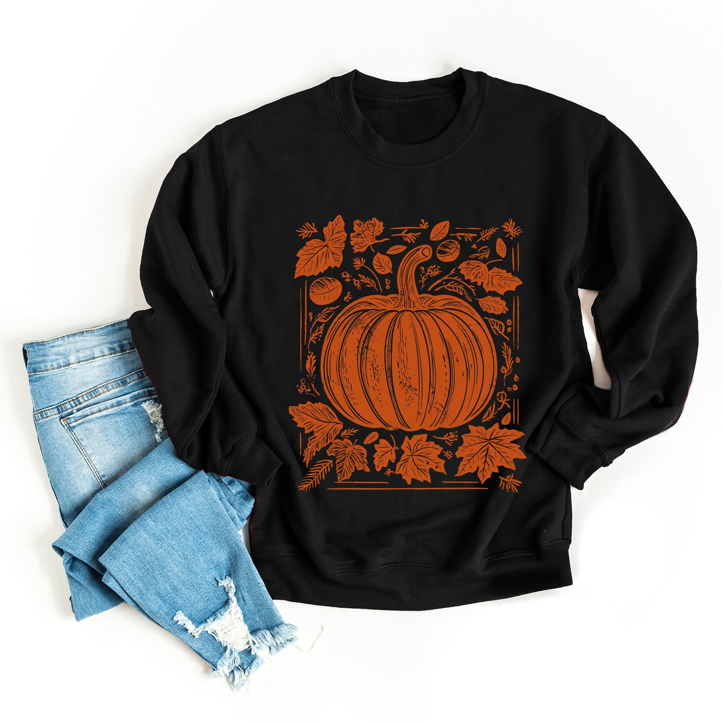 Pumpkin With Leaves Distressed - Women's Graphic Sweatshirt