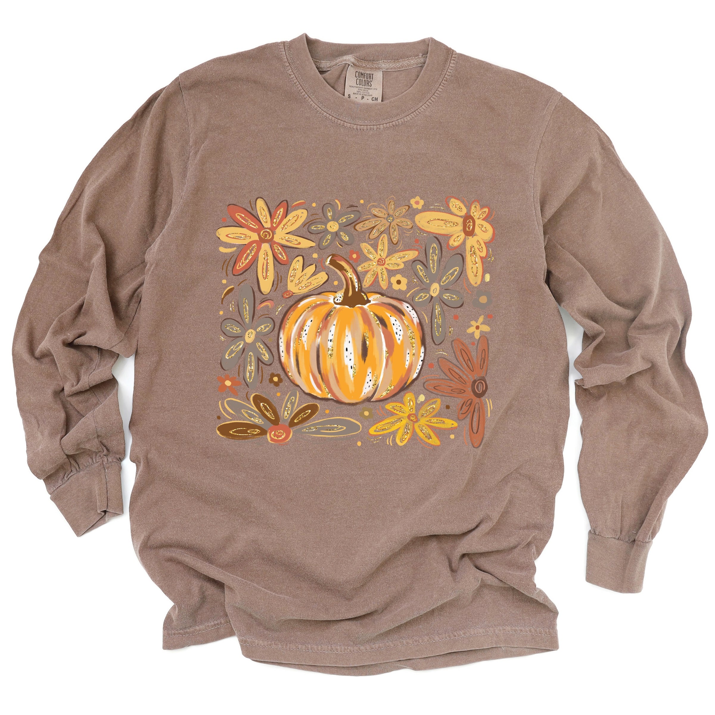 Fall Flowers And Pumpkin - Women's Garment Dyed Long Sleeve Graphic T-Shirt