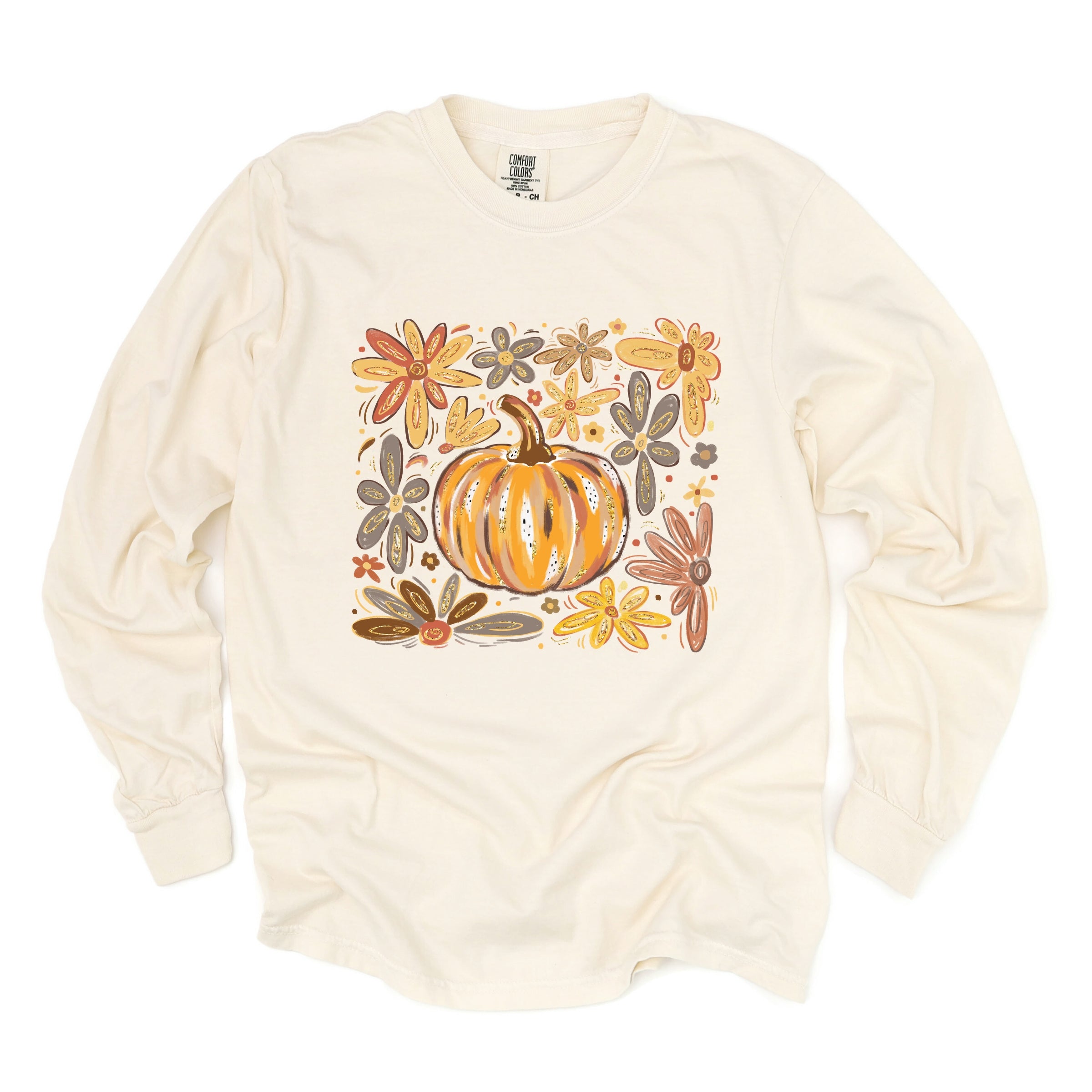 Fall Flowers And Pumpkin - Women's Garment Dyed Long Sleeve Graphic T-Shirt