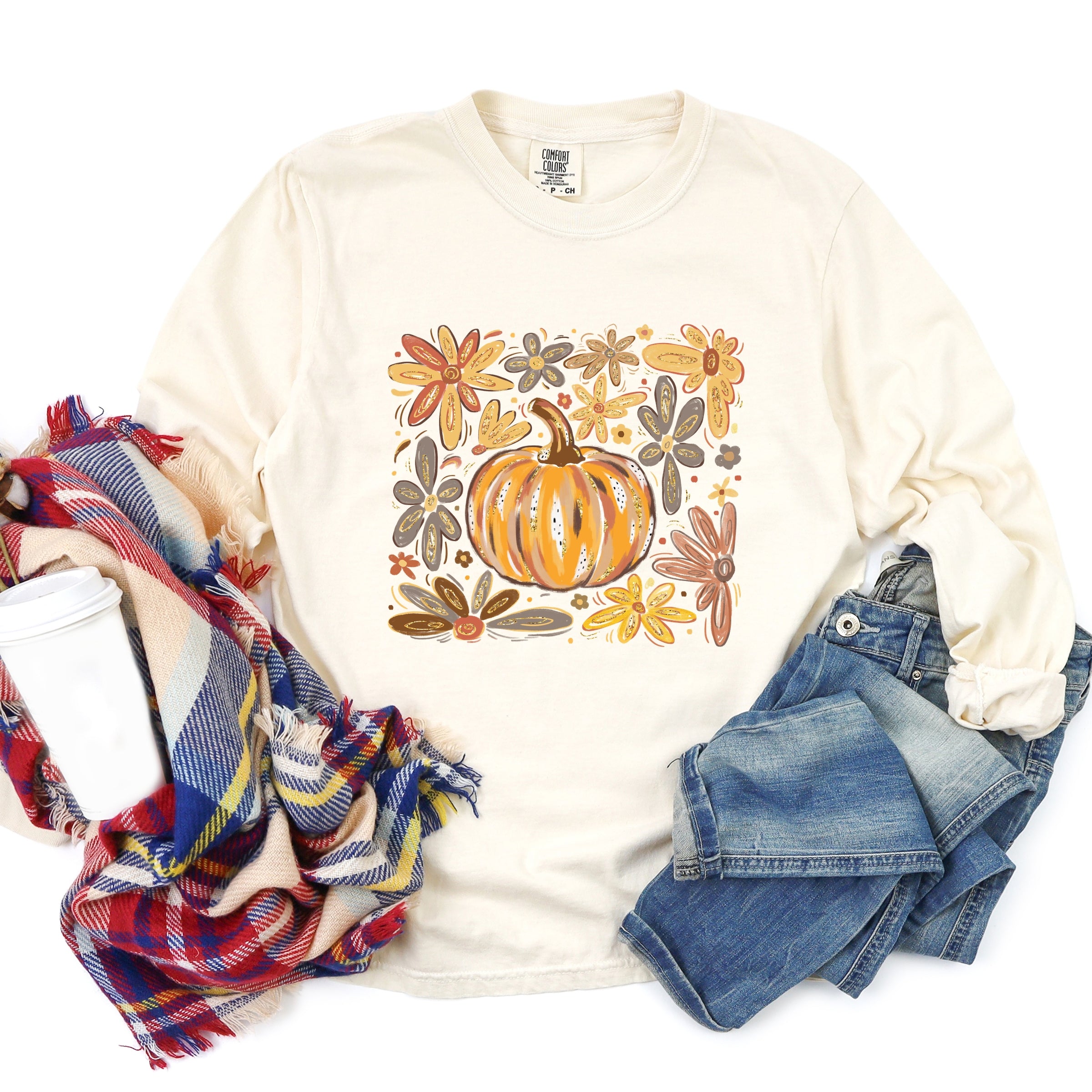 Fall Flowers And Pumpkin - Women's Garment Dyed Long Sleeve Graphic T-Shirt