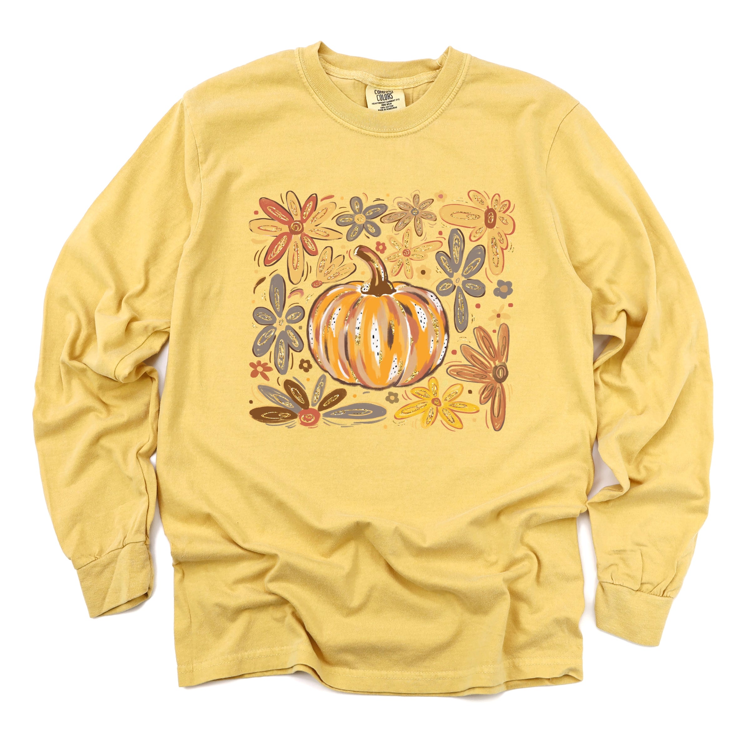 Fall Flowers And Pumpkin - Women's Garment Dyed Long Sleeve Graphic T-Shirt