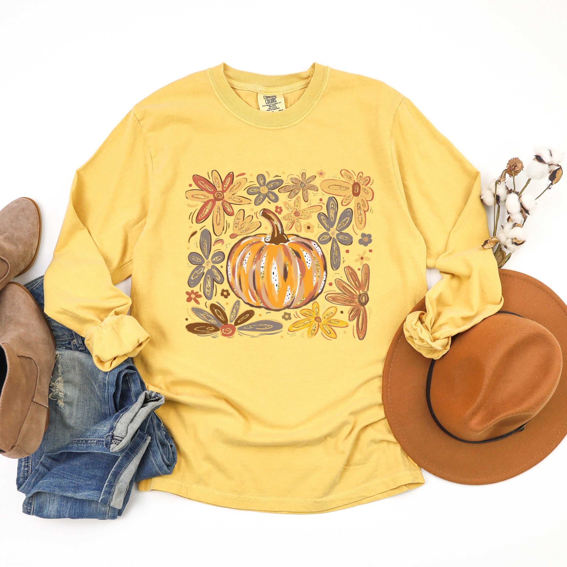 Fall Flowers And Pumpkin - Women's Garment Dyed Long Sleeve Graphic T-Shirt