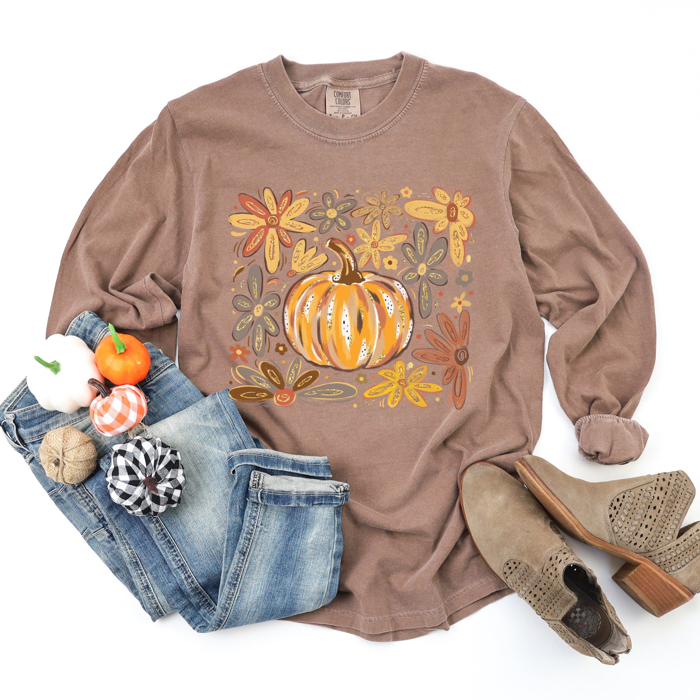 Fall Flowers And Pumpkin - Women's Garment Dyed Long Sleeve Graphic T-Shirt