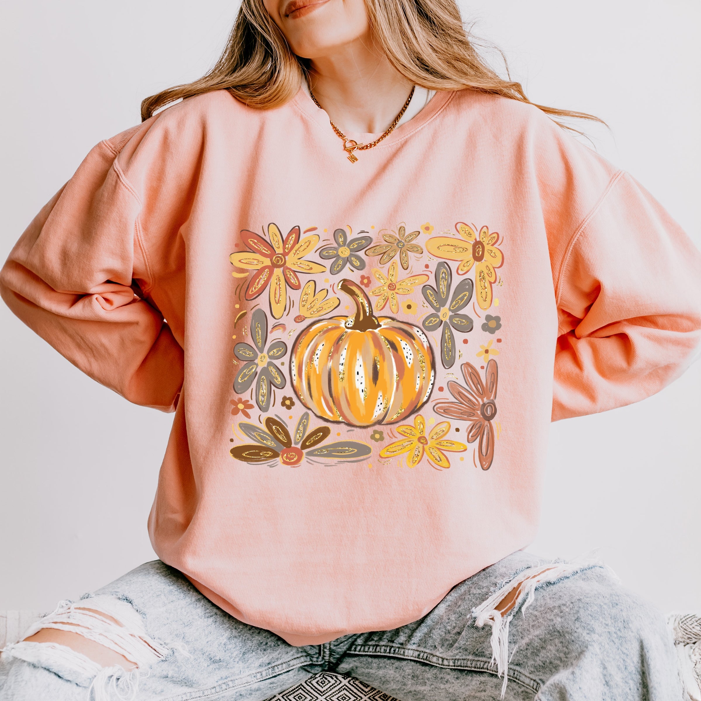Fall Flowers And Pumpkin - Women's Lightweight Garment Dyed Sweatshirt