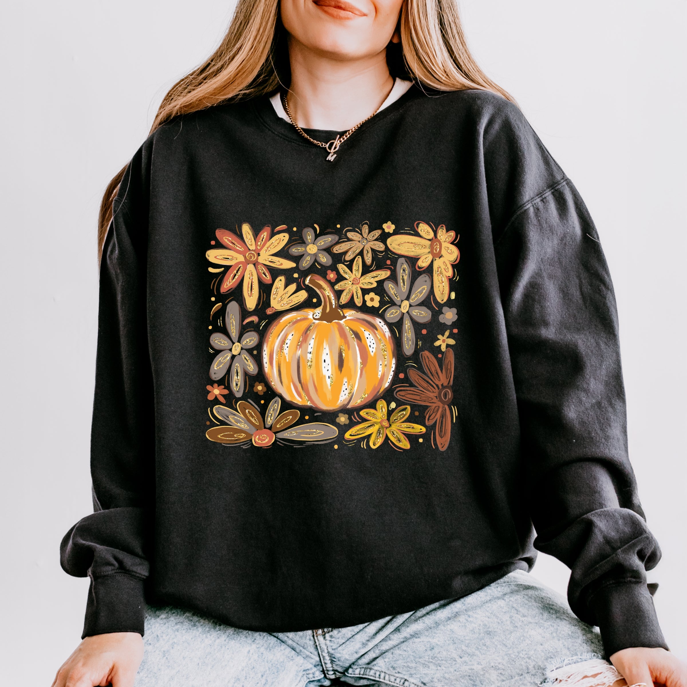 Fall Flowers And Pumpkin - Women's Lightweight Garment Dyed Sweatshirt