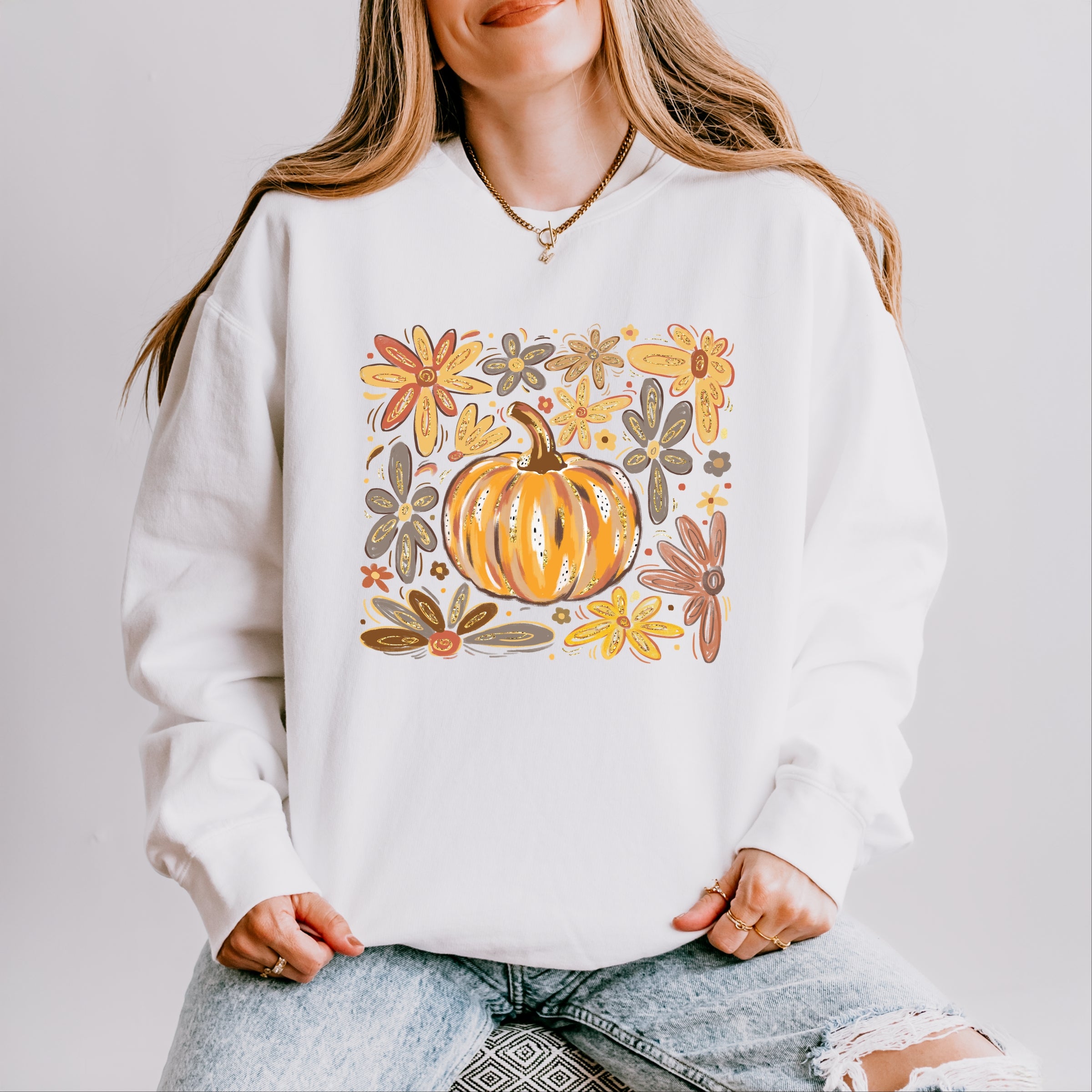 Fall Flowers And Pumpkin - Women's Lightweight Garment Dyed Sweatshirt