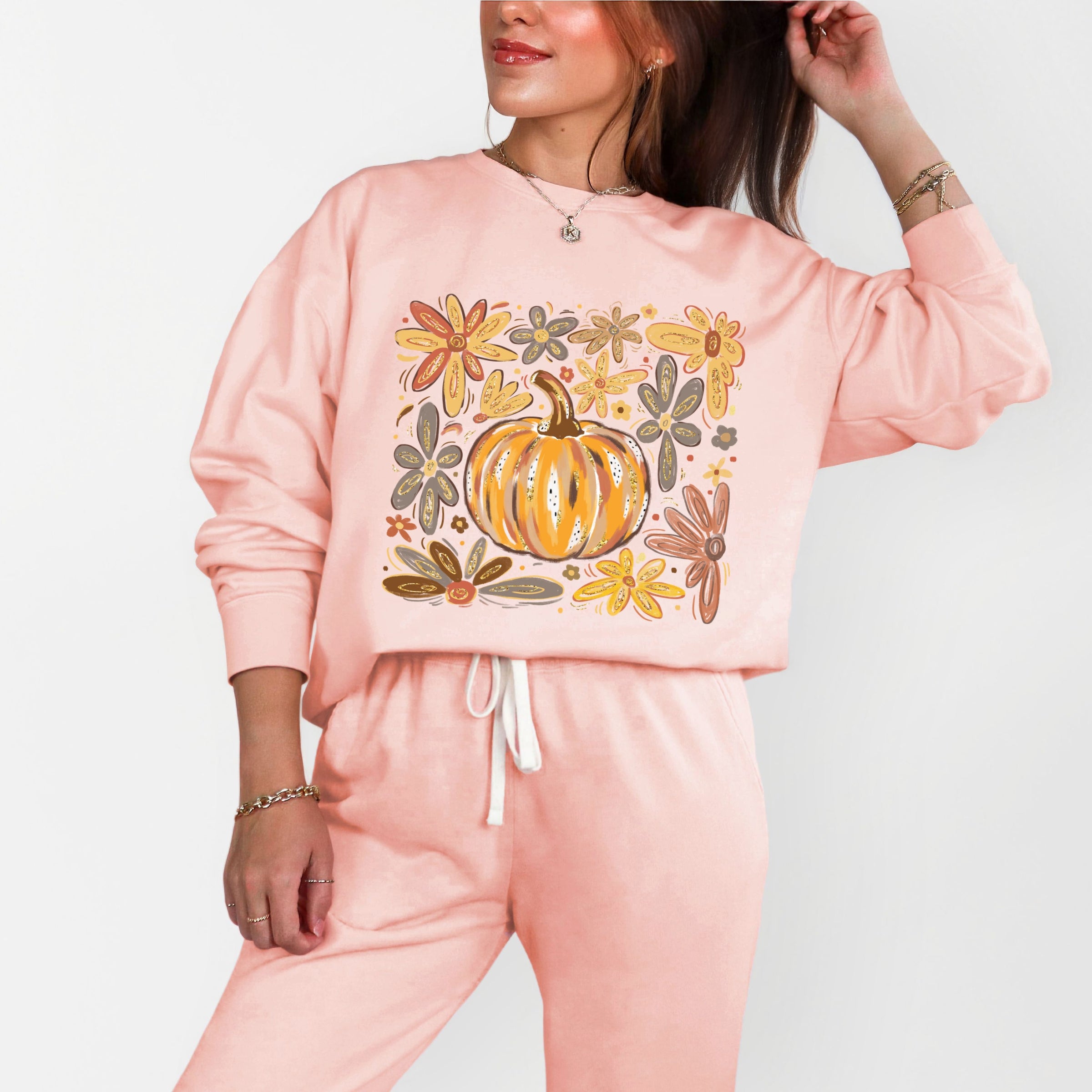 Fall Flowers And Pumpkin - Women's Lightweight Garment Dyed Sweatshirt