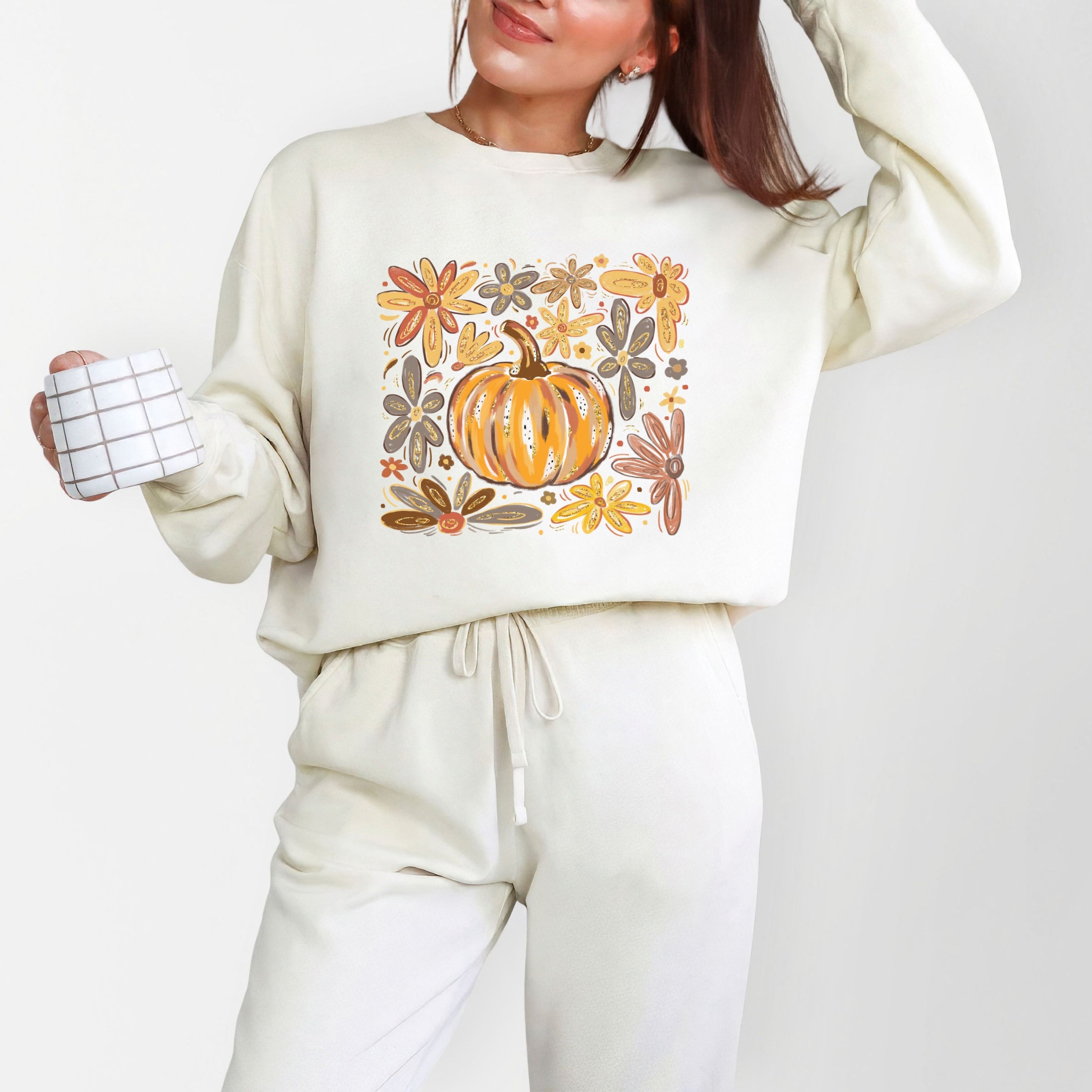 Fall Flowers And Pumpkin - Women's Lightweight Garment Dyed Sweatshirt