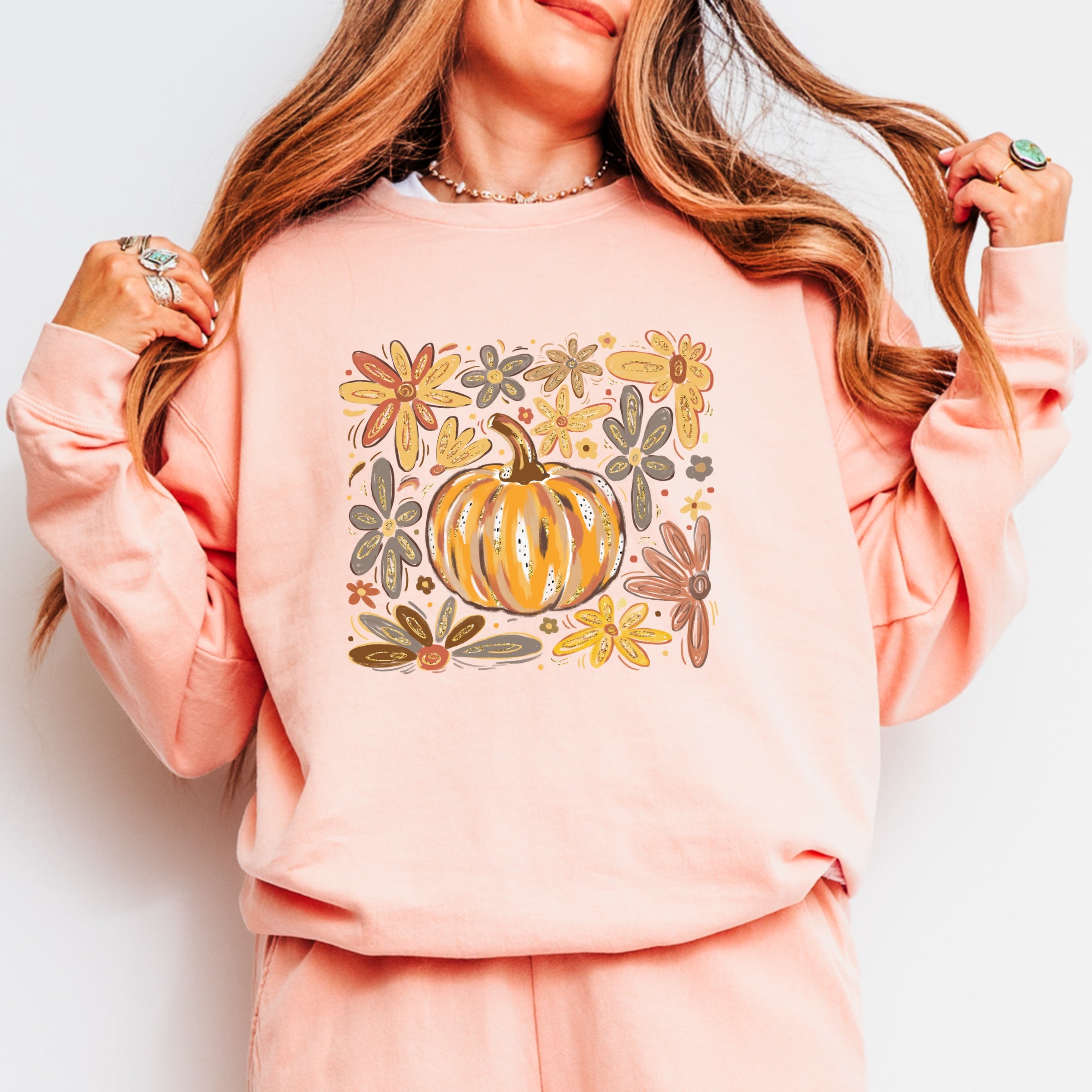 Fall Flowers And Pumpkin - Women's Lightweight Garment Dyed Sweatshirt