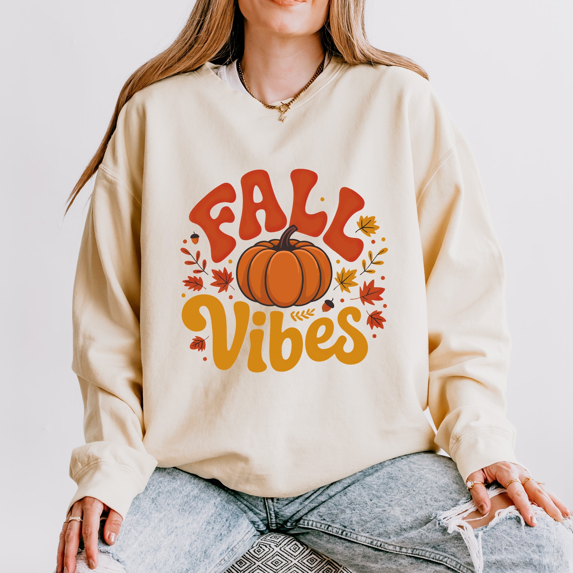 Fall Vibes Pumpkin And Leaves - Women's Lightweight Garment Dyed Sweatshirt