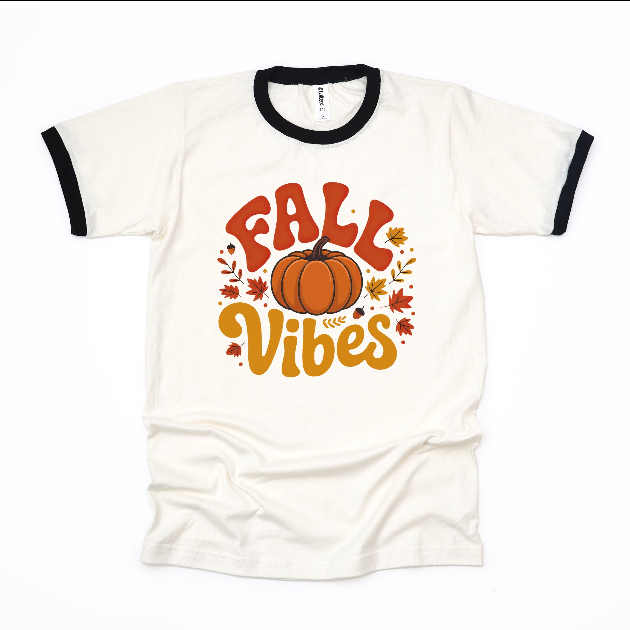 Fall Vibes Pumpkin And Leaves - Womens Ringer Graphic T-Shirt