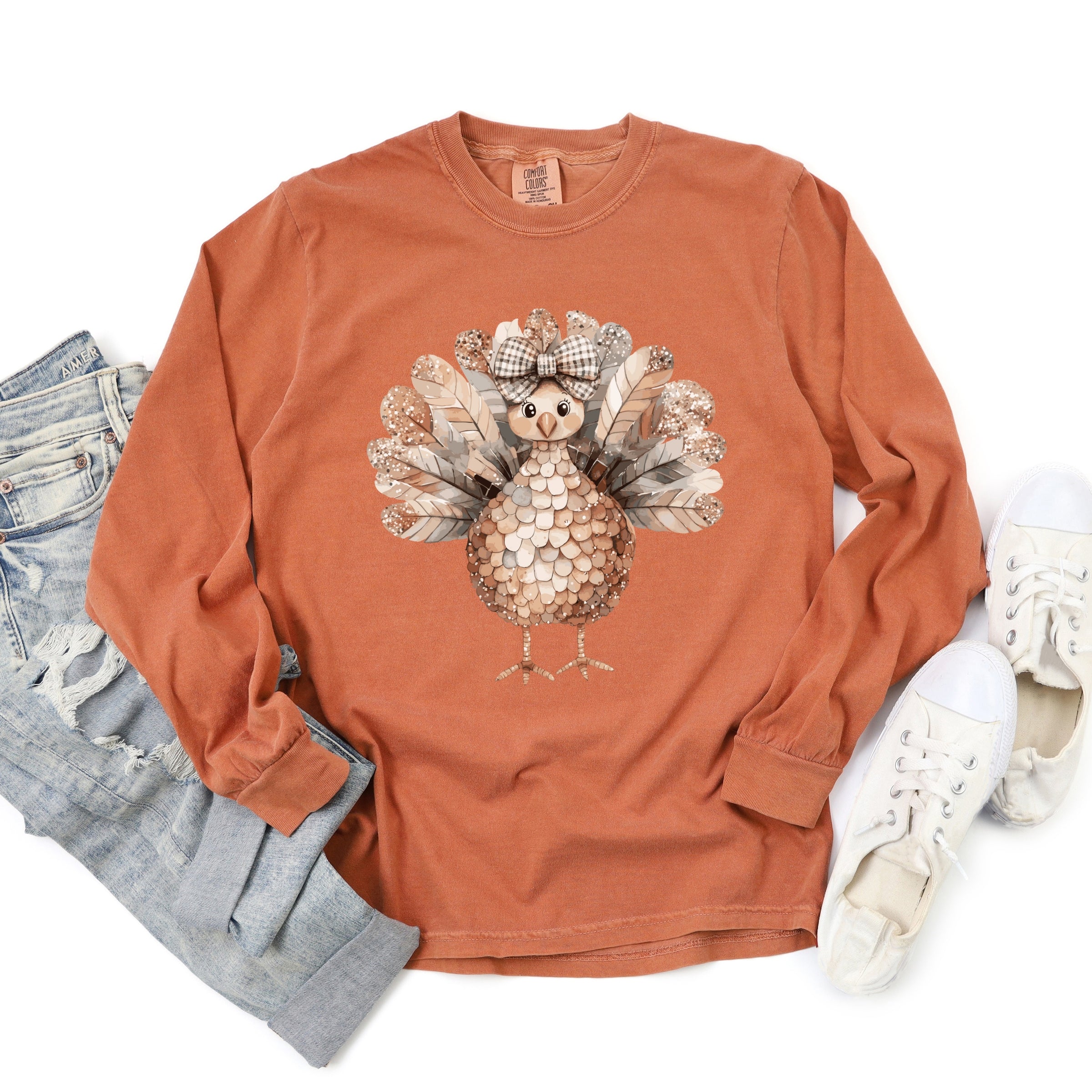Sparkle Turkey - Women's Garment Dyed Long Sleeve Graphic T-Shirt