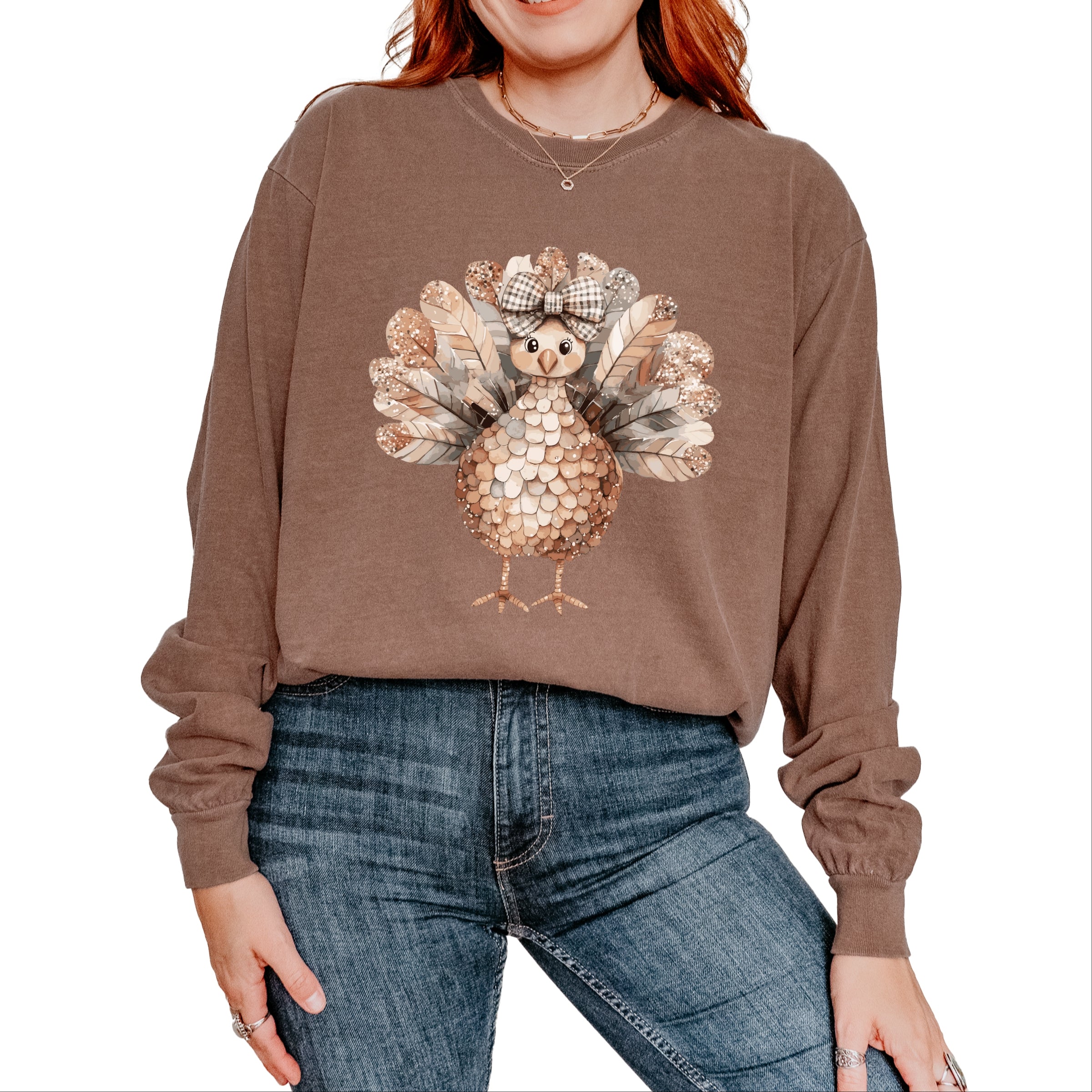 Sparkle Turkey - Women's Garment Dyed Long Sleeve Graphic T-Shirt