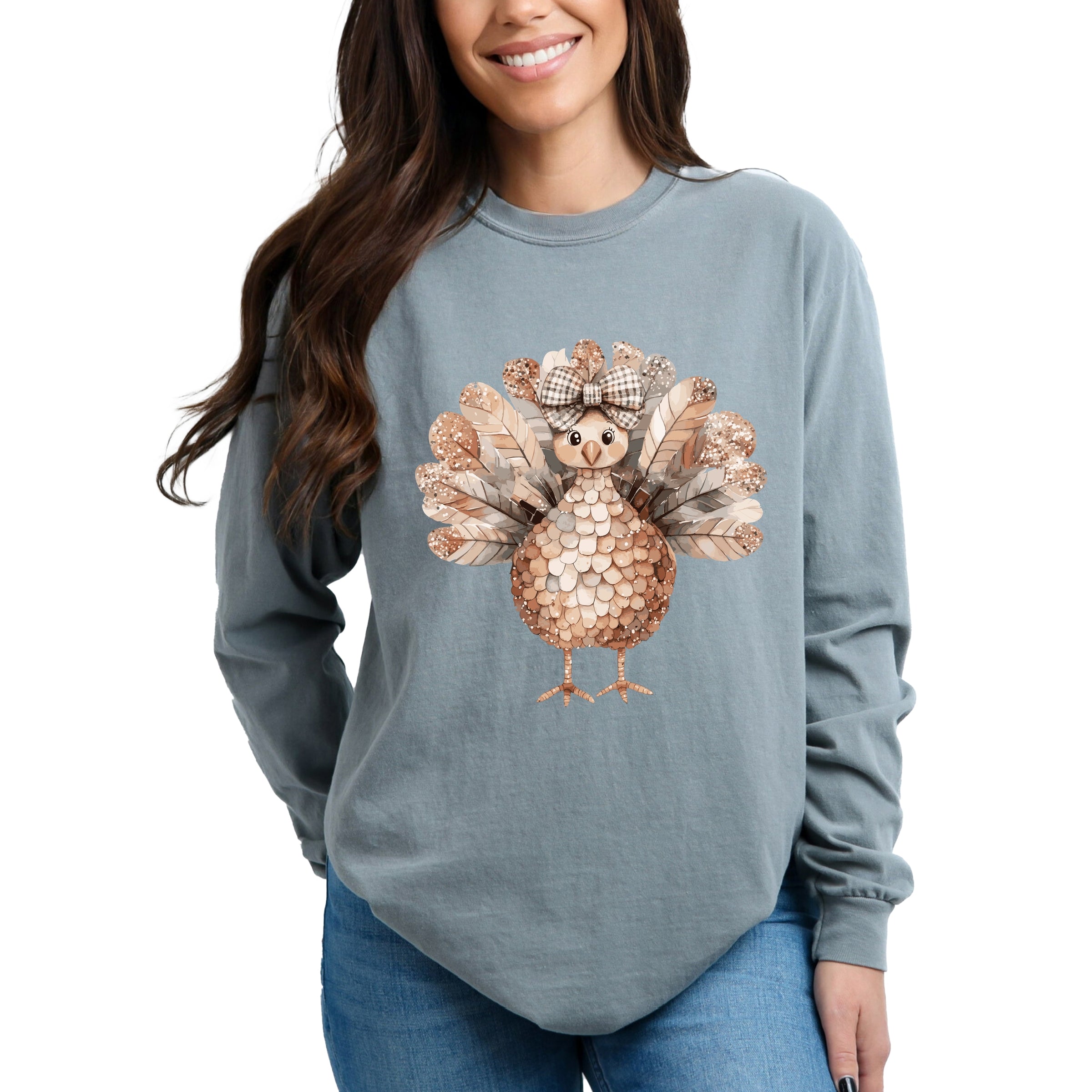 Sparkle Turkey - Women's Garment Dyed Long Sleeve Graphic T-Shirt