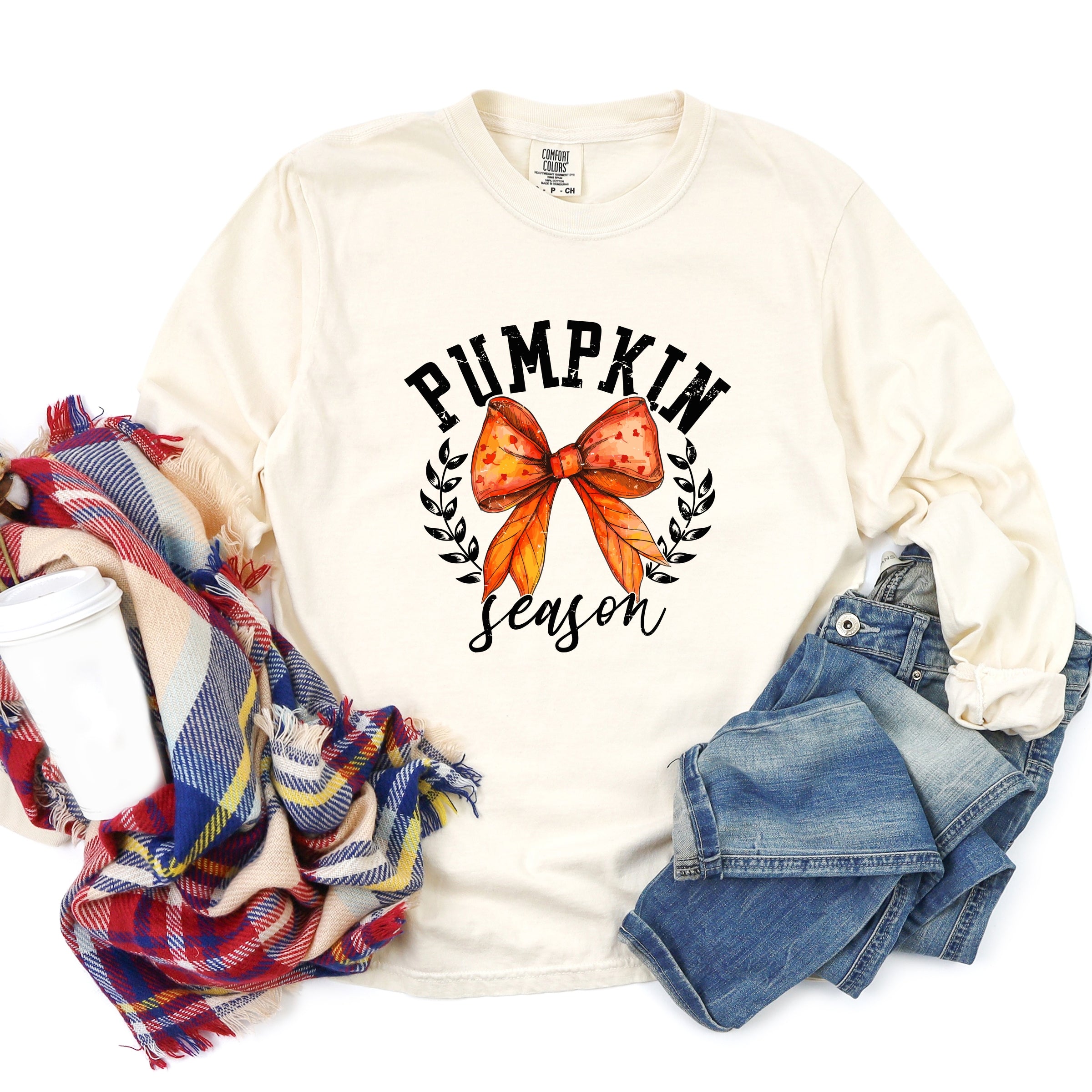 Coquette Orange Bow Pumpkin Season - Women's Garment Dyed Long Sleeve Graphic T-Shirt