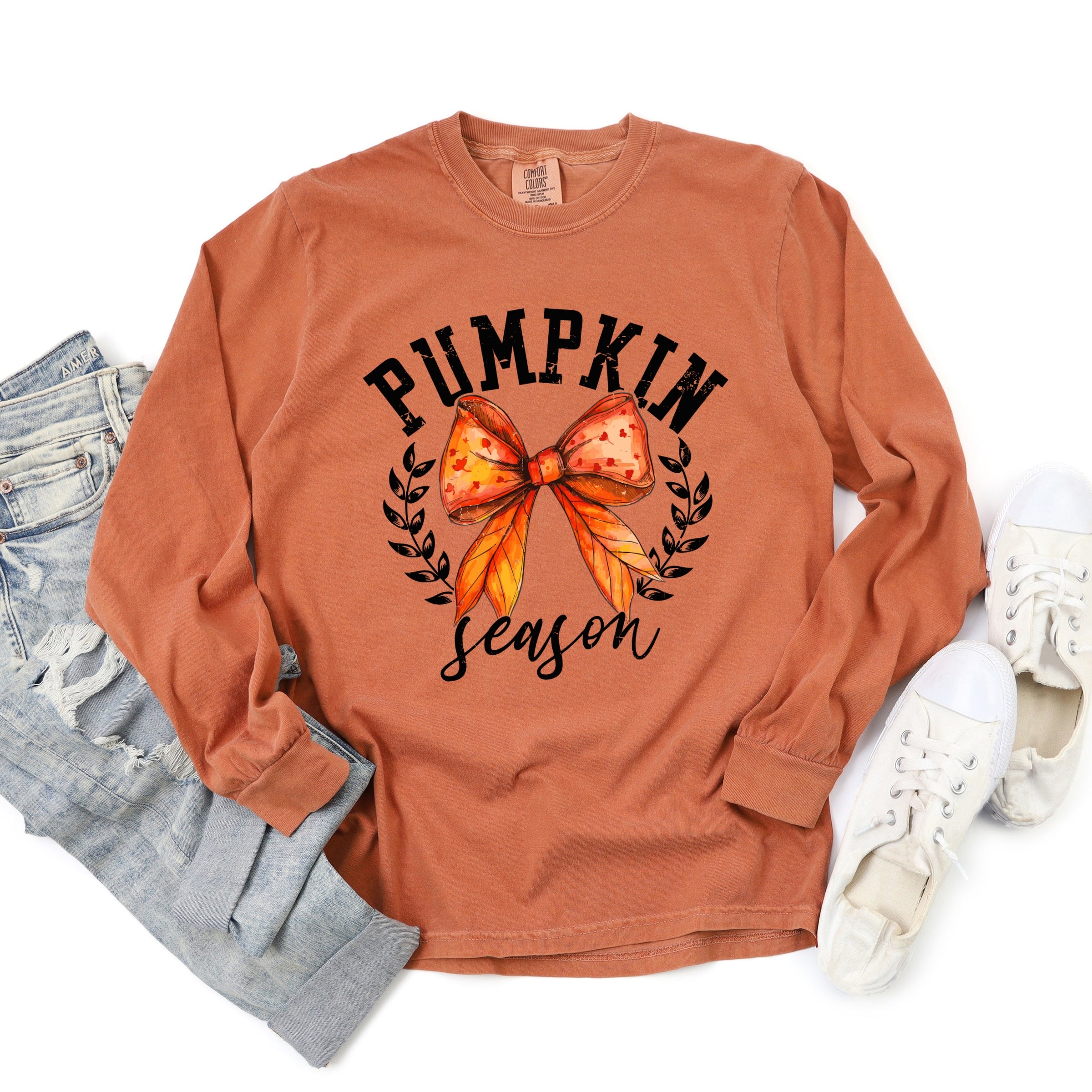 Coquette Orange Bow Pumpkin Season - Women's Garment Dyed Long Sleeve Graphic T-Shirt
