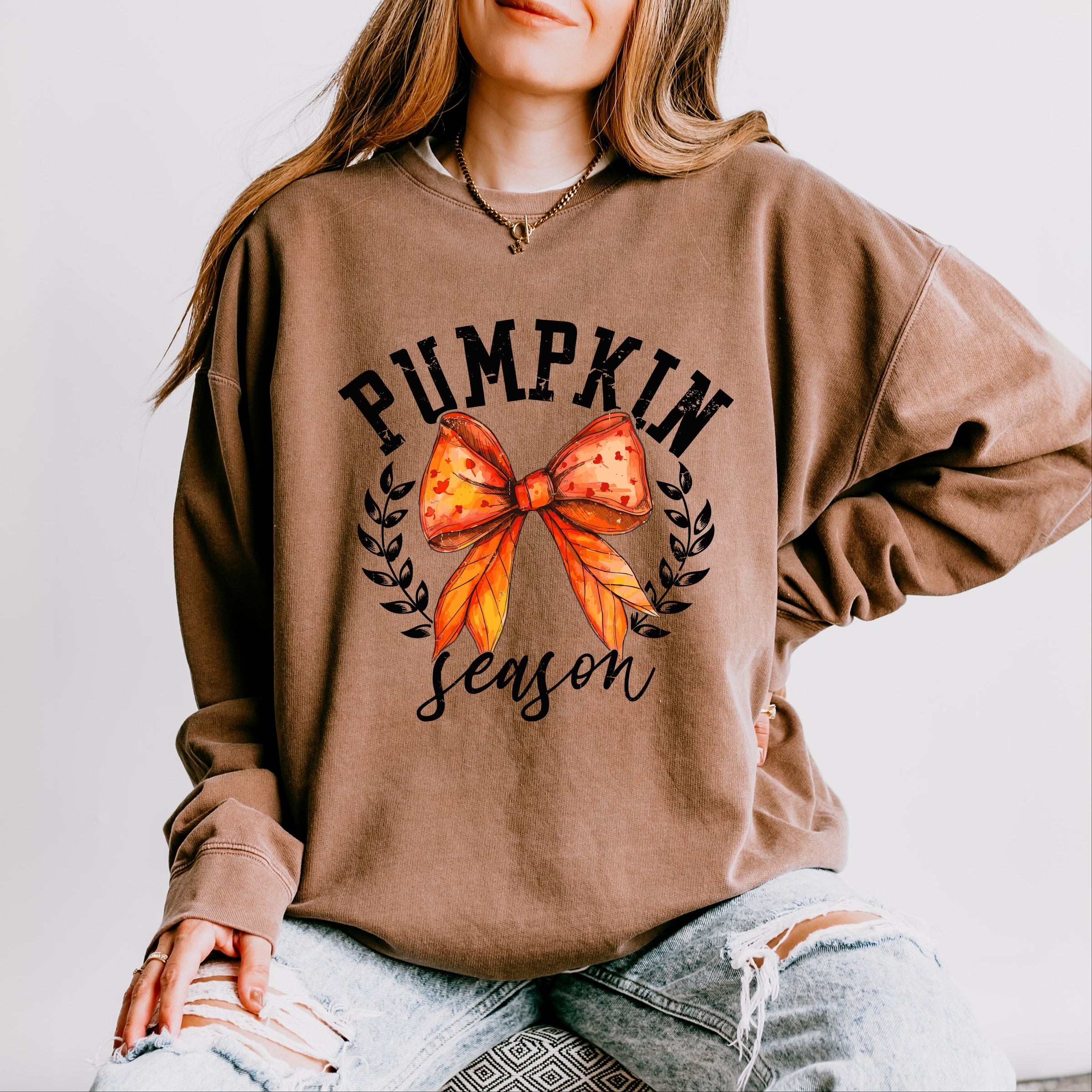 Coquette Orange Bow Pumpkin Season - Women's Lightweight Garment Dyed Sweatshirt