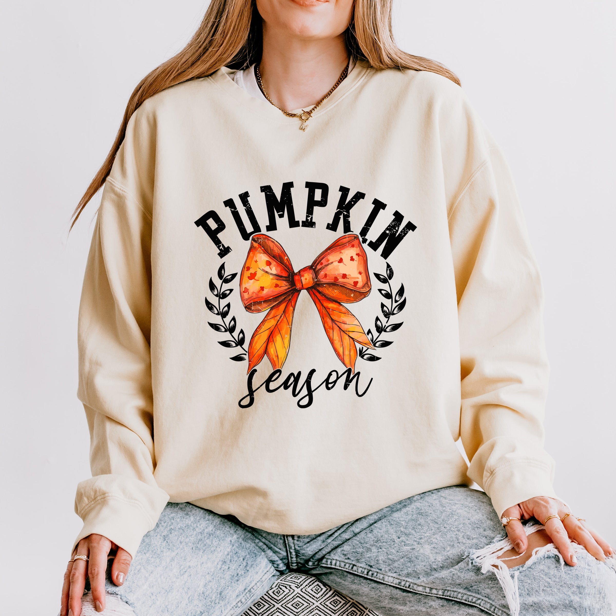 Coquette Orange Bow Pumpkin Season - Women's Lightweight Garment Dyed Sweatshirt