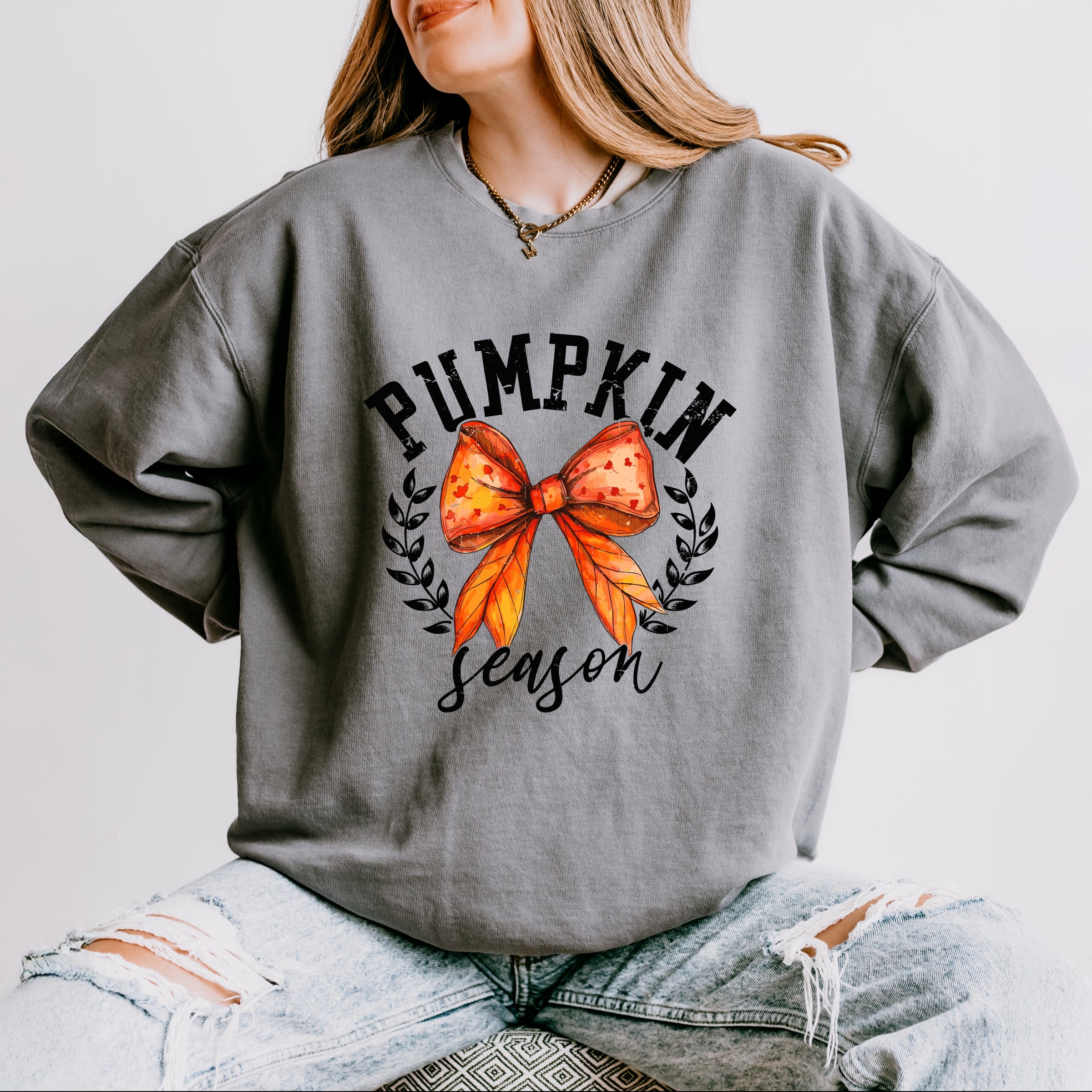Coquette Orange Bow Pumpkin Season - Women's Lightweight Garment Dyed Sweatshirt