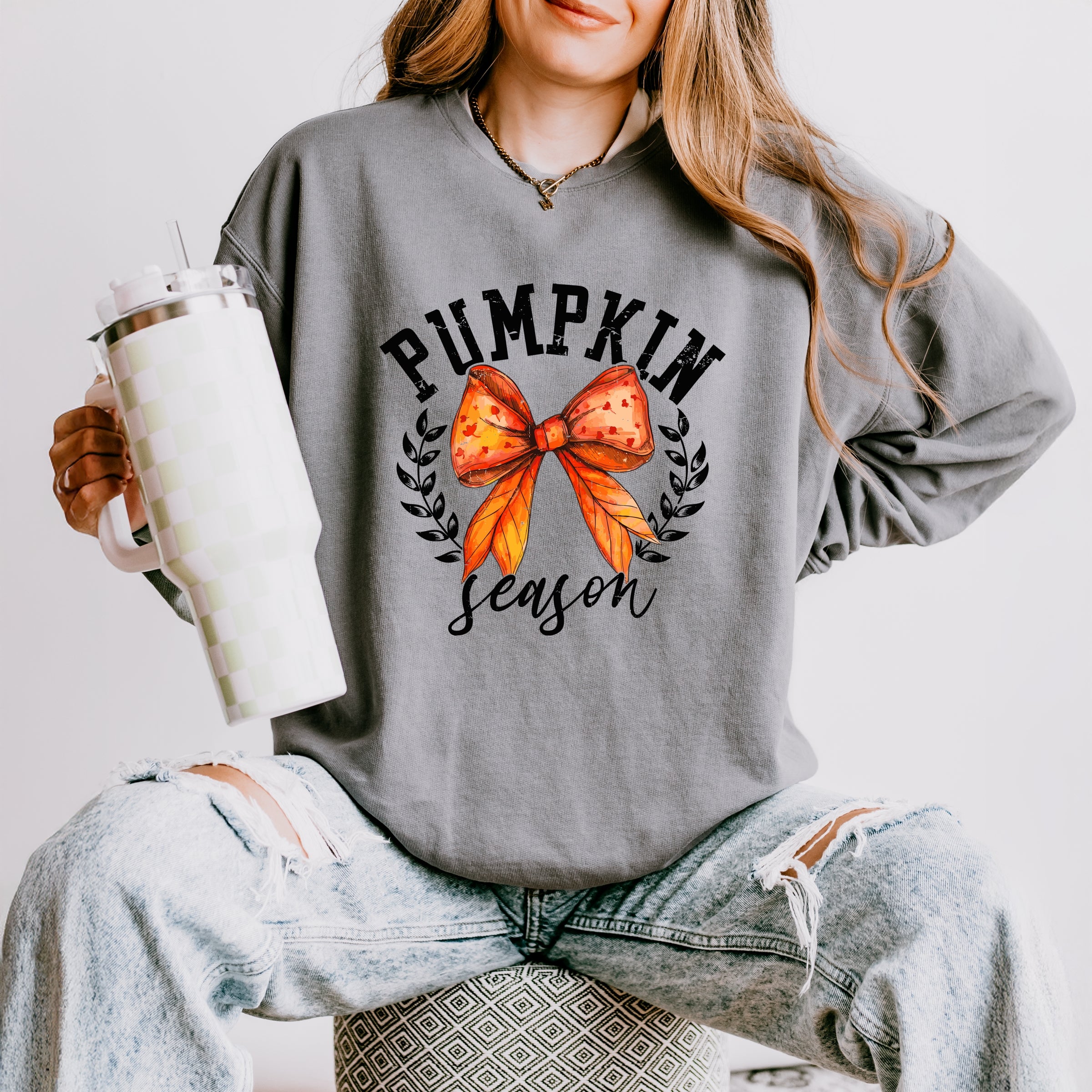 Coquette Orange Bow Pumpkin Season - Women's Lightweight Garment Dyed Sweatshirt