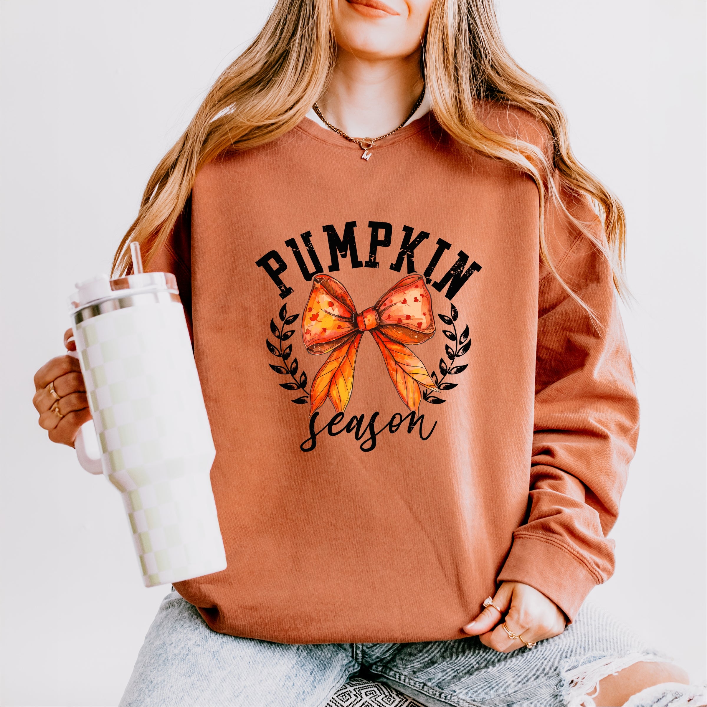 Coquette Orange Bow Pumpkin Season - Women's Lightweight Garment Dyed Sweatshirt