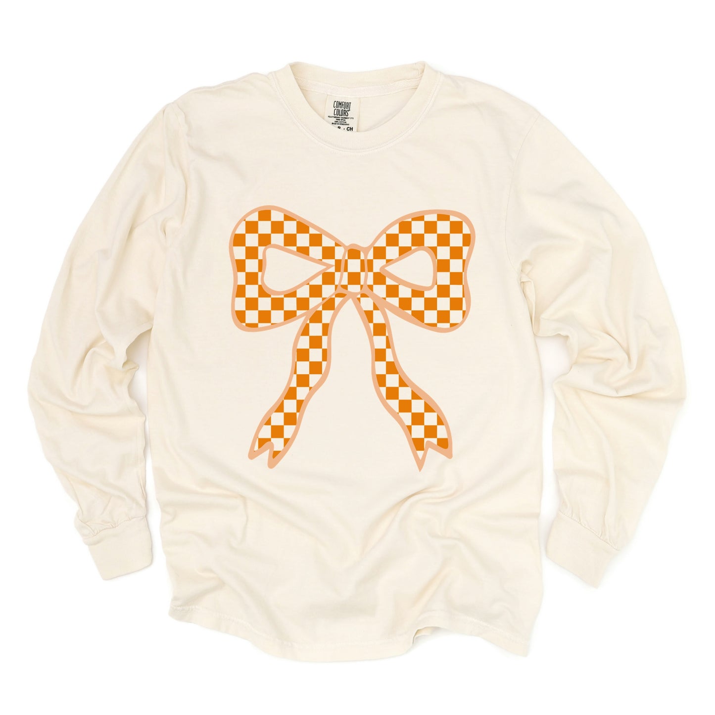 Coquette Orange Checker Bow - Women's Garment Dyed Long Sleeve Graphic T-Shirt