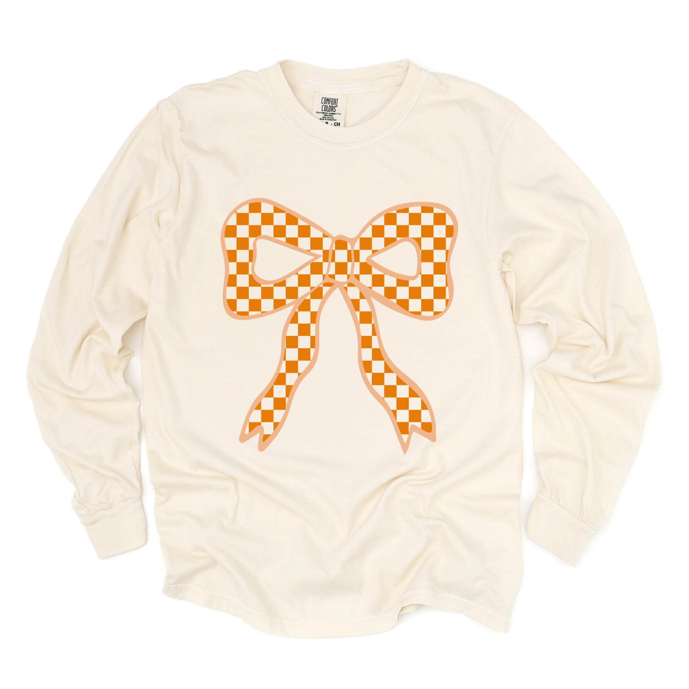 Coquette Orange Checker Bow - Women's Garment Dyed Long Sleeve Graphic T-Shirt