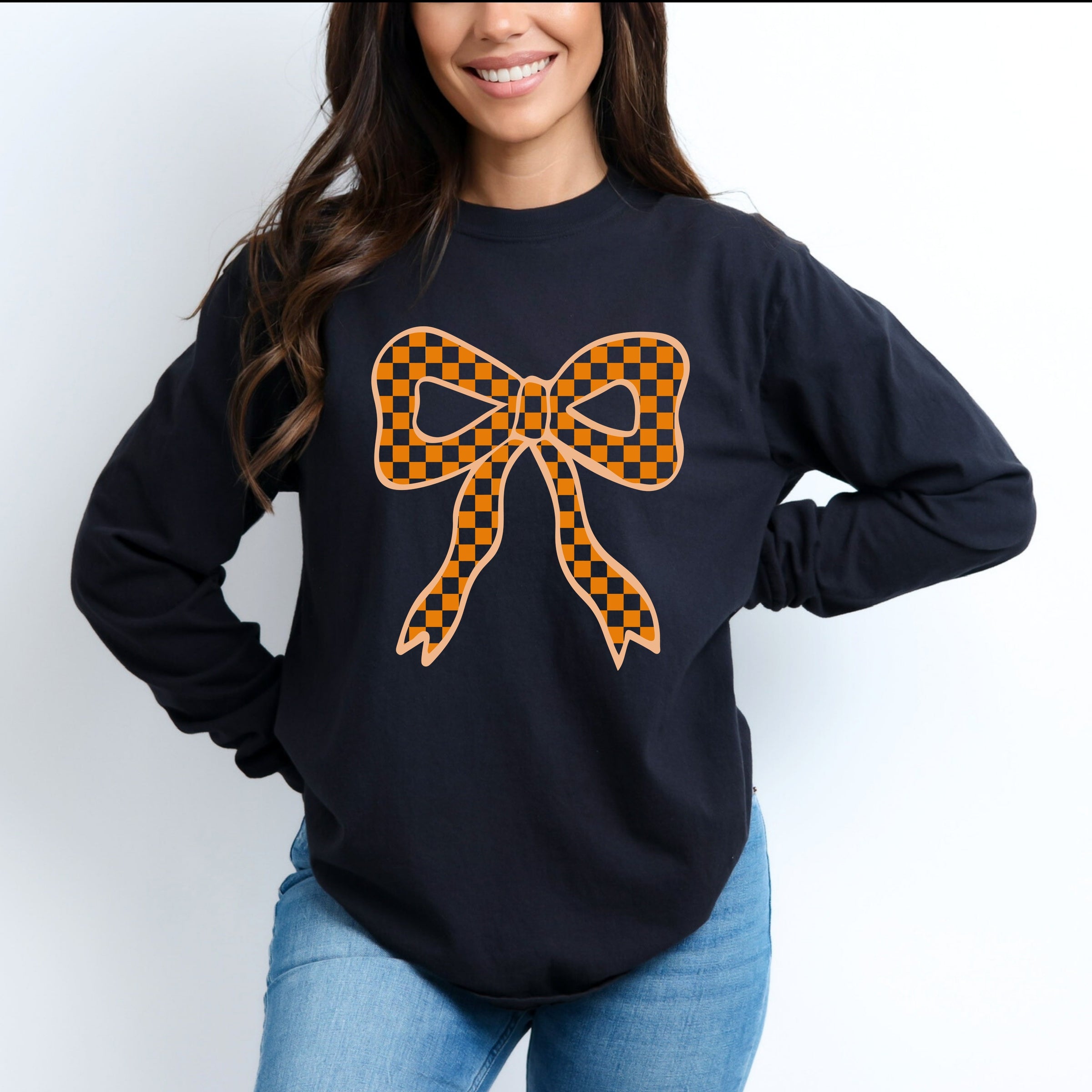 Coquette Orange Checker Bow - Women's Garment Dyed Long Sleeve Graphic T-Shirt