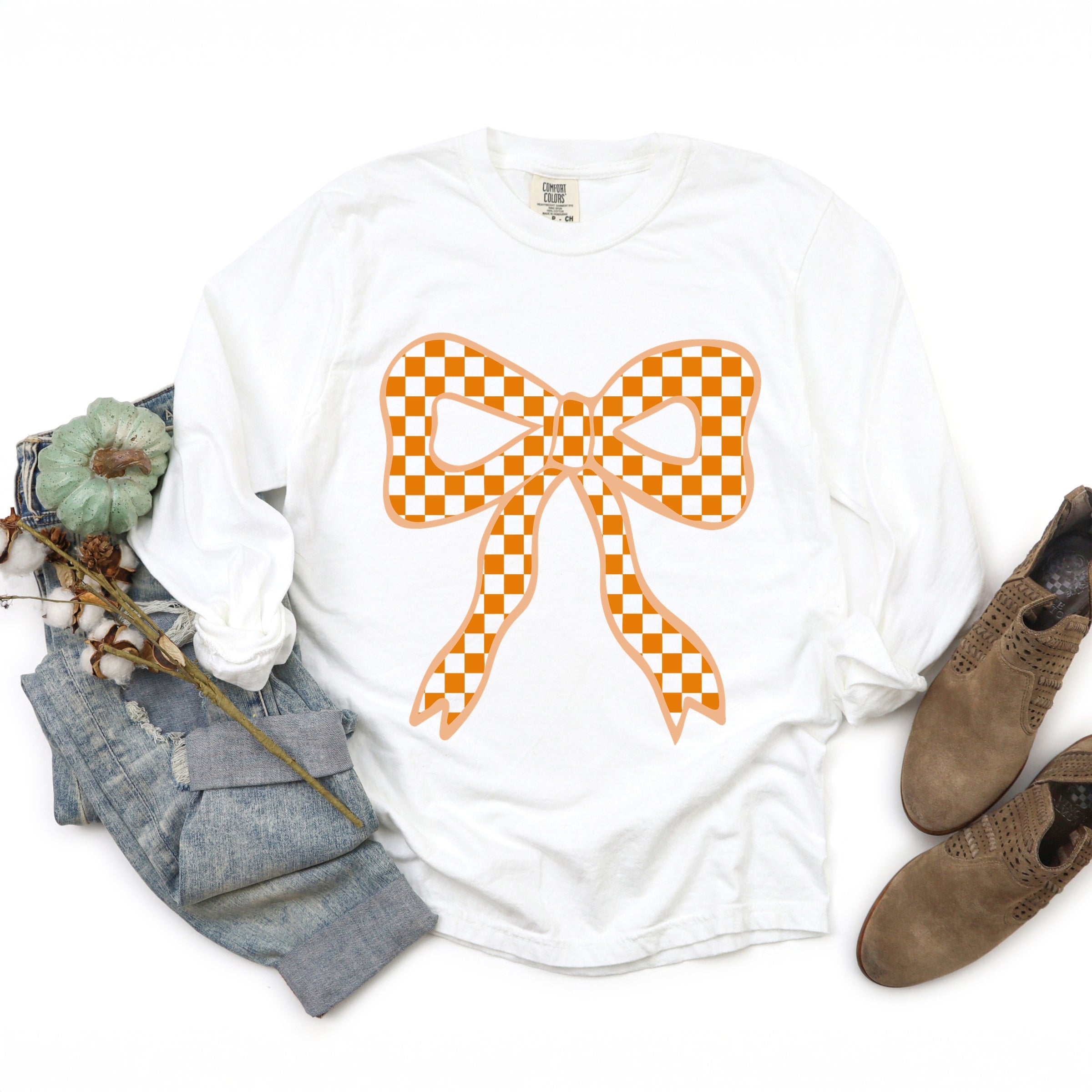 Coquette Orange Checker Bow - Women's Garment Dyed Long Sleeve Graphic T-Shirt