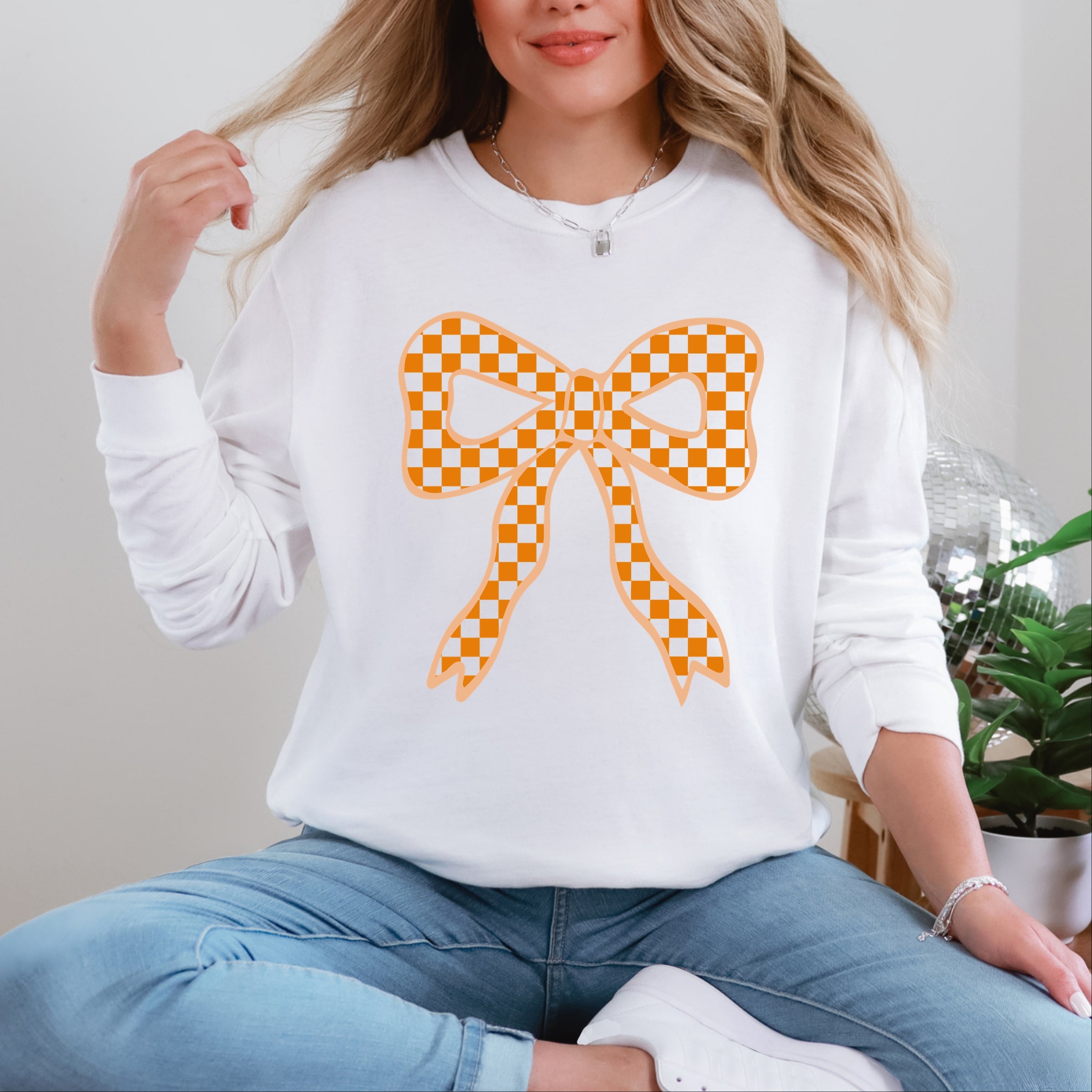 Coquette Orange Checker Bow - Women's Garment Dyed Long Sleeve Graphic T-Shirt