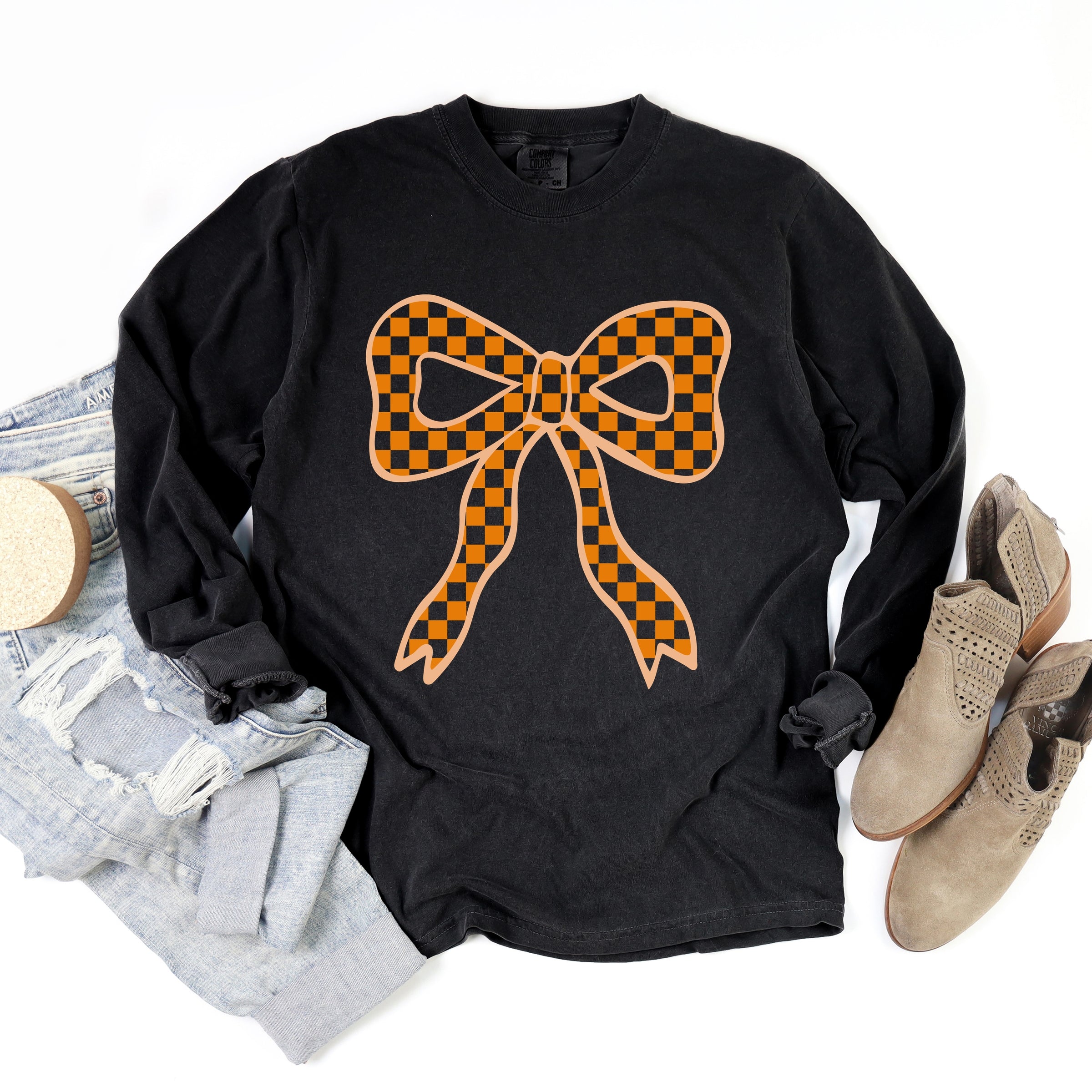 Coquette Orange Checker Bow - Women's Garment Dyed Long Sleeve Graphic T-Shirt