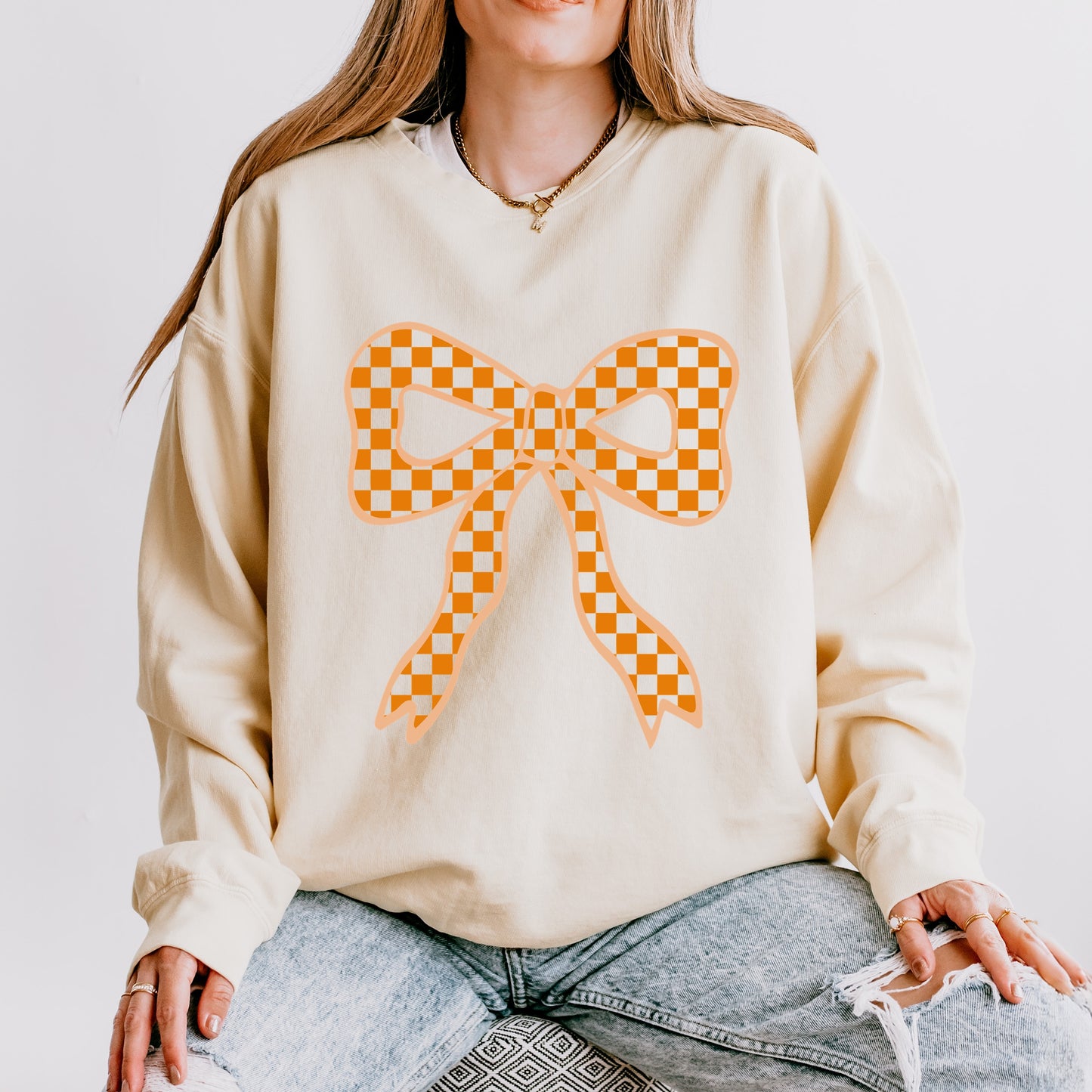 Coquette Orange Checker Bow - Women's Lightweight Garment Dyed Sweatshirt