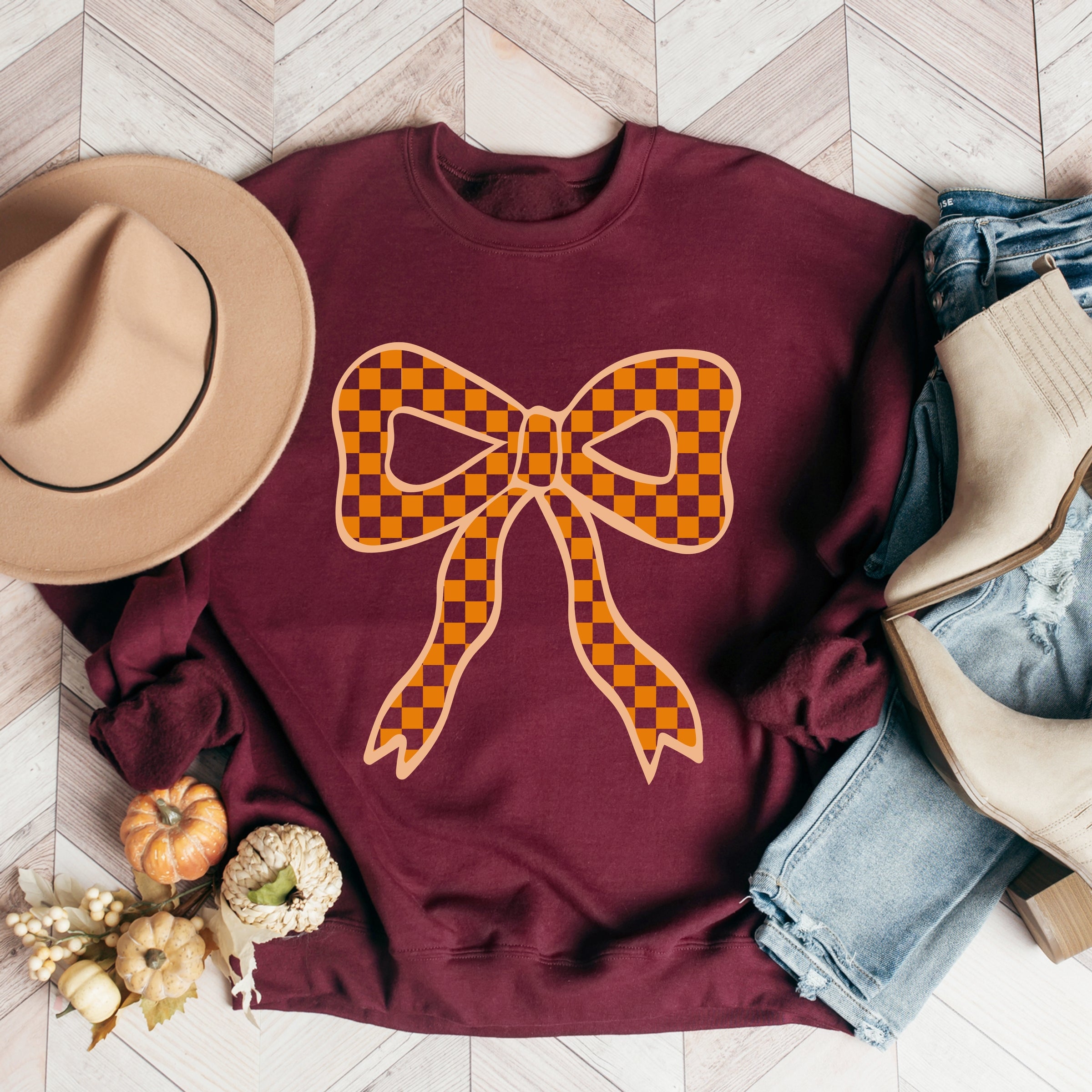 Coquette Orange Checker Bow - Women's Graphic Sweatshirt