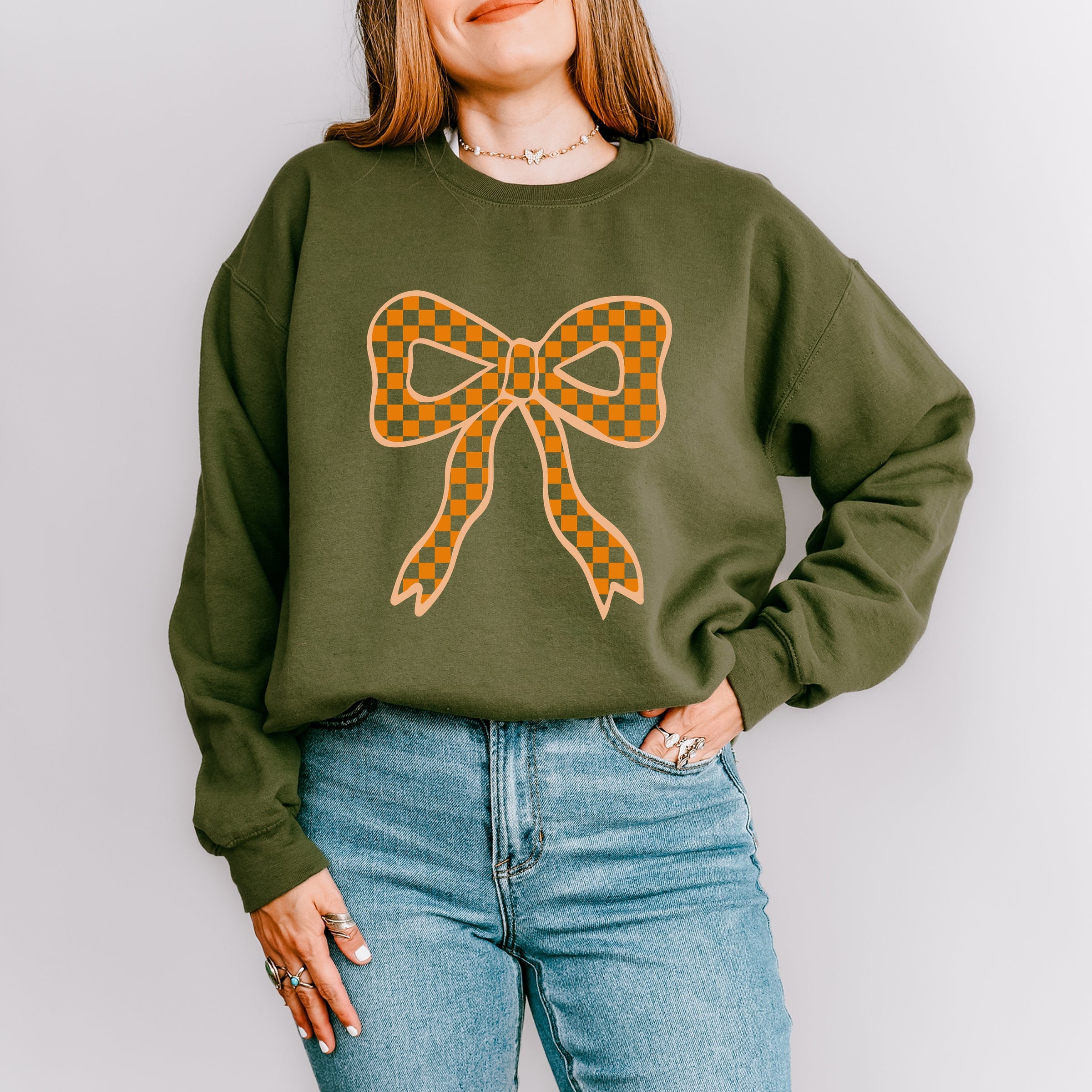 Coquette Orange Checker Bow - Women's Graphic Sweatshirt