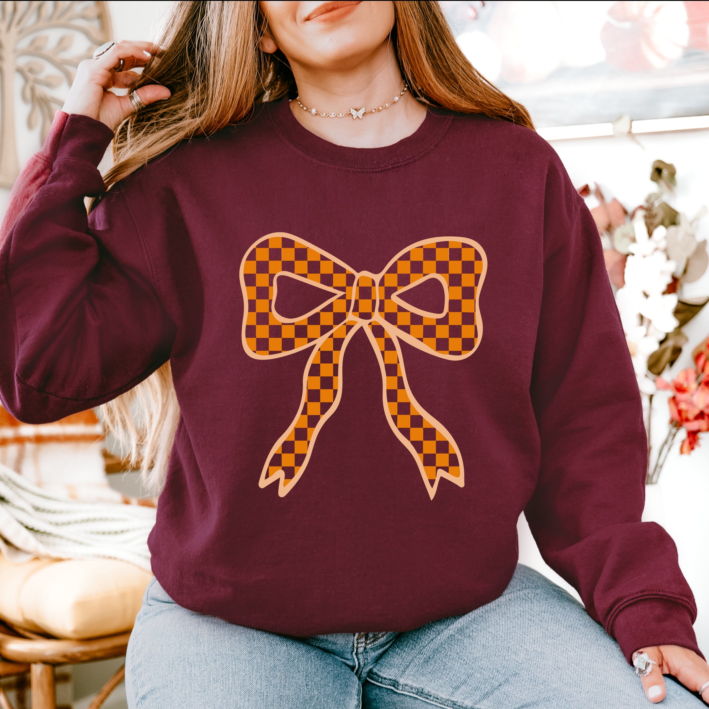 Coquette Orange Checker Bow - Women's Graphic Sweatshirt