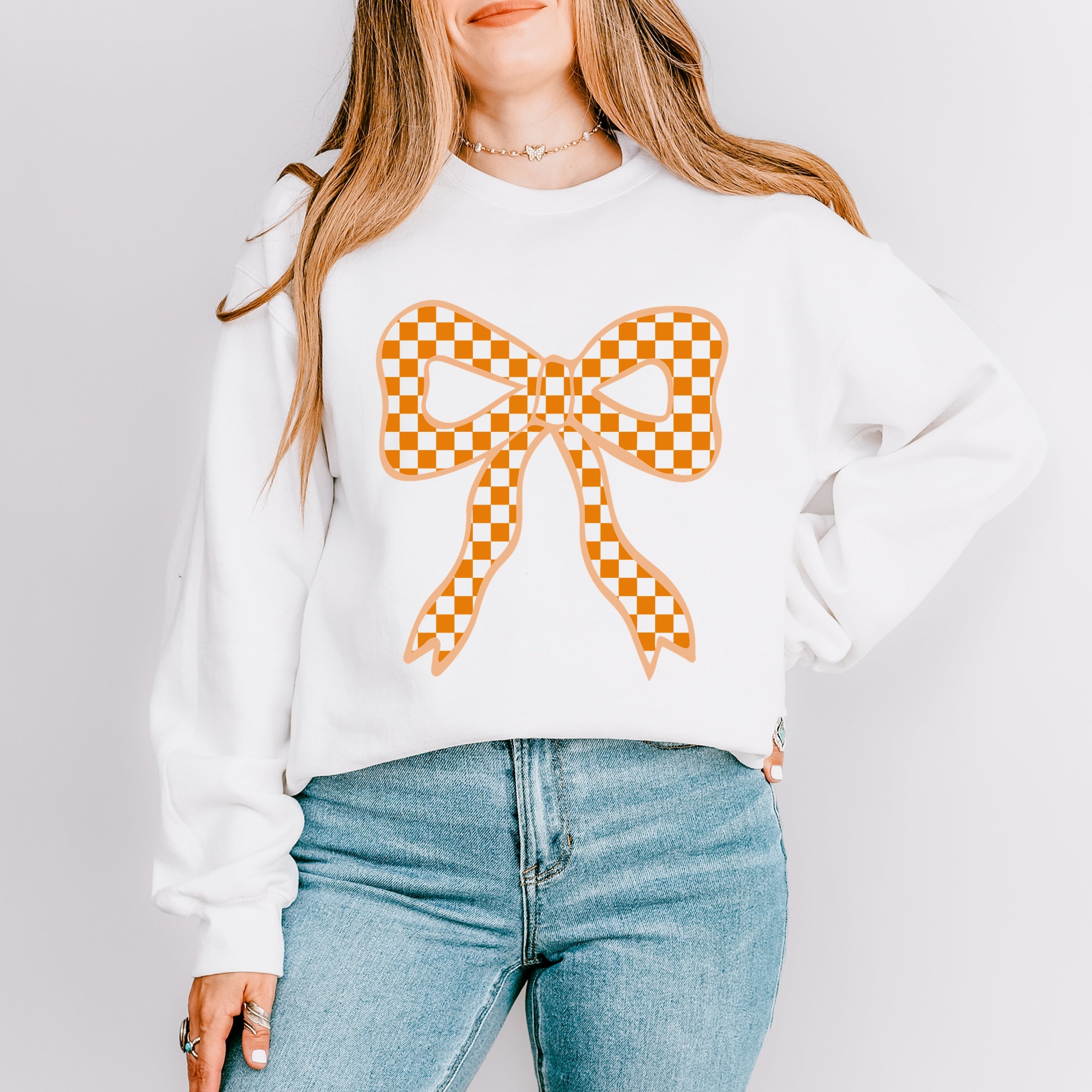 Coquette Orange Checker Bow - Women's Graphic Sweatshirt