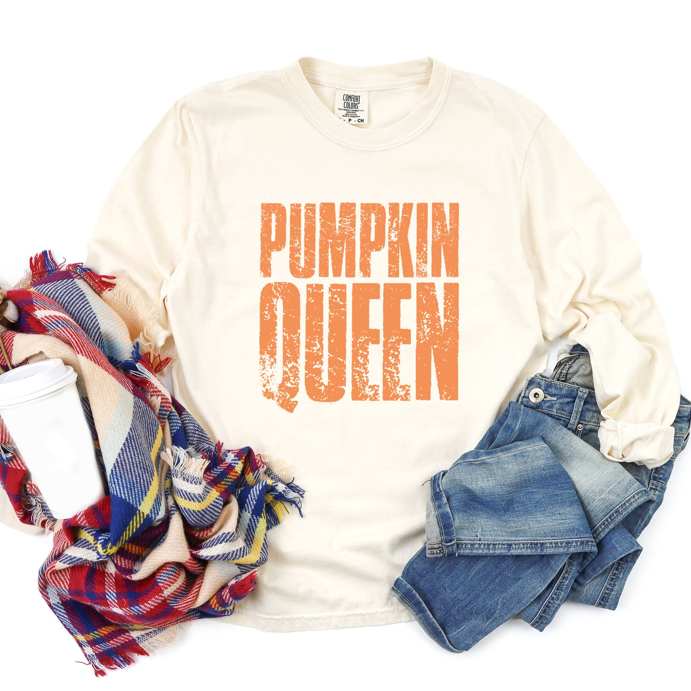 Pumpkin Queen Distressed - Women's Garment Dyed Long Sleeve Graphic T-Shirt