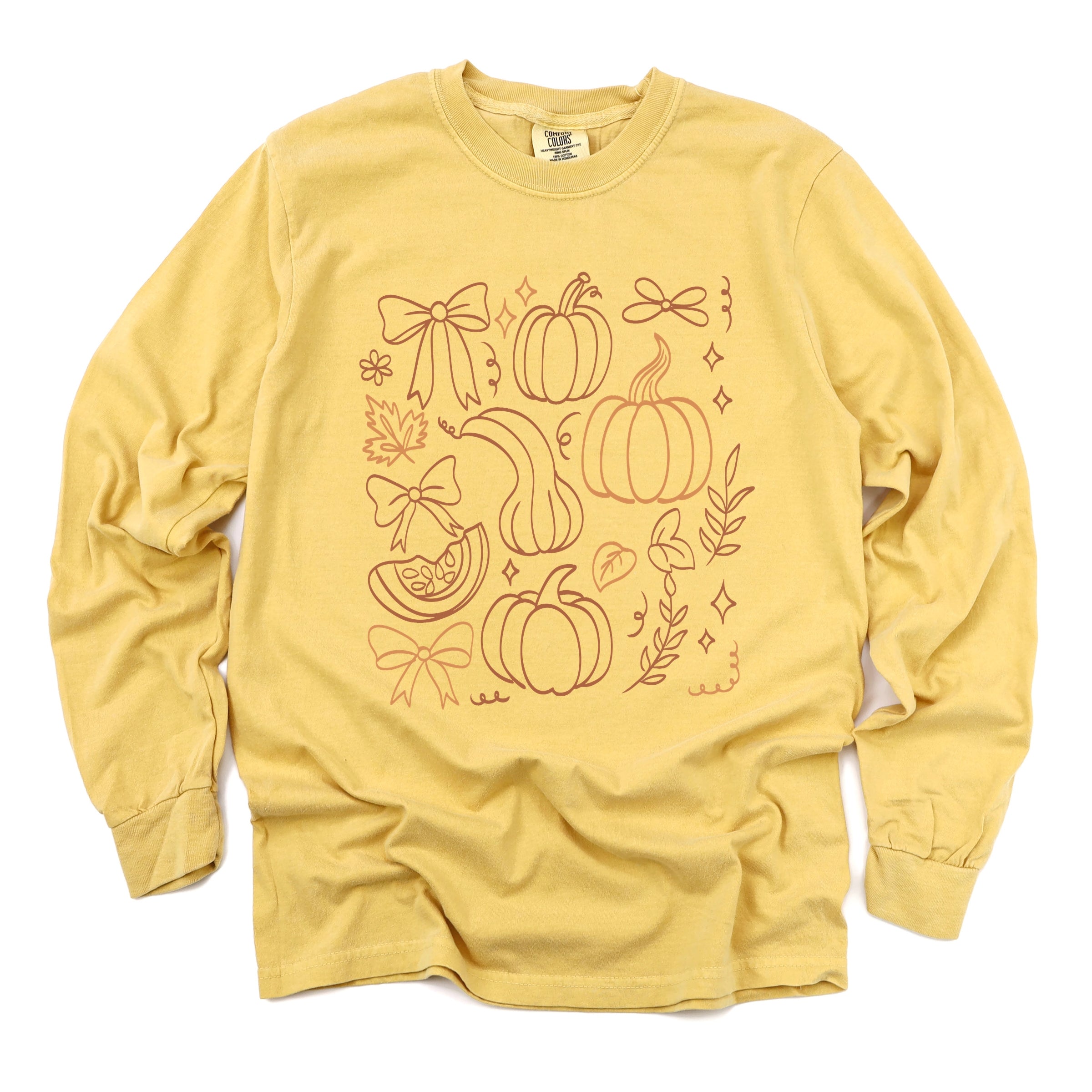 Coquette Pumpkin And Leaves Outline - Women's Garment Dyed Long Sleeve Graphic T-Shirt
